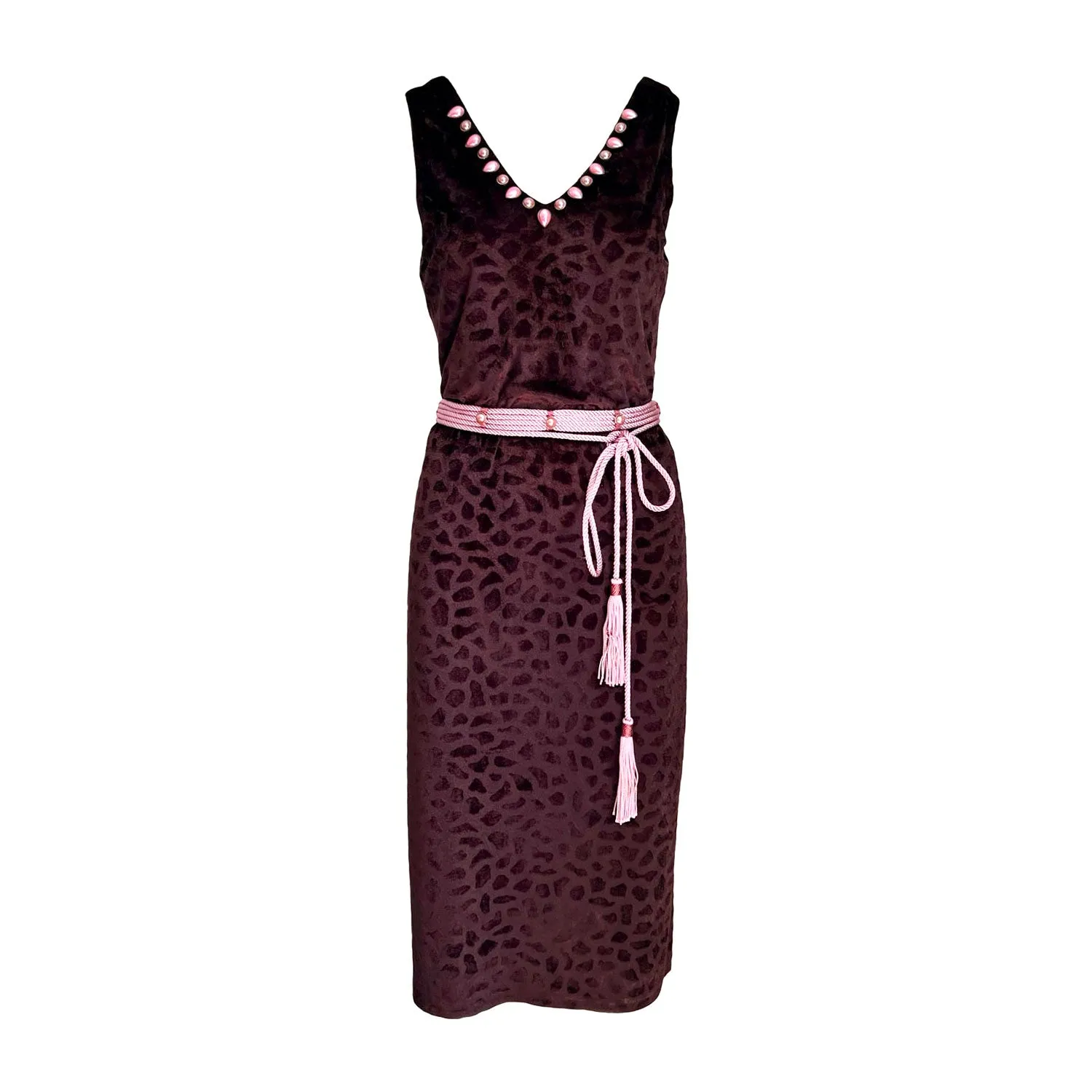 Animal-Print Dress with Slit in Brown Velvet And Pink Silk Belt