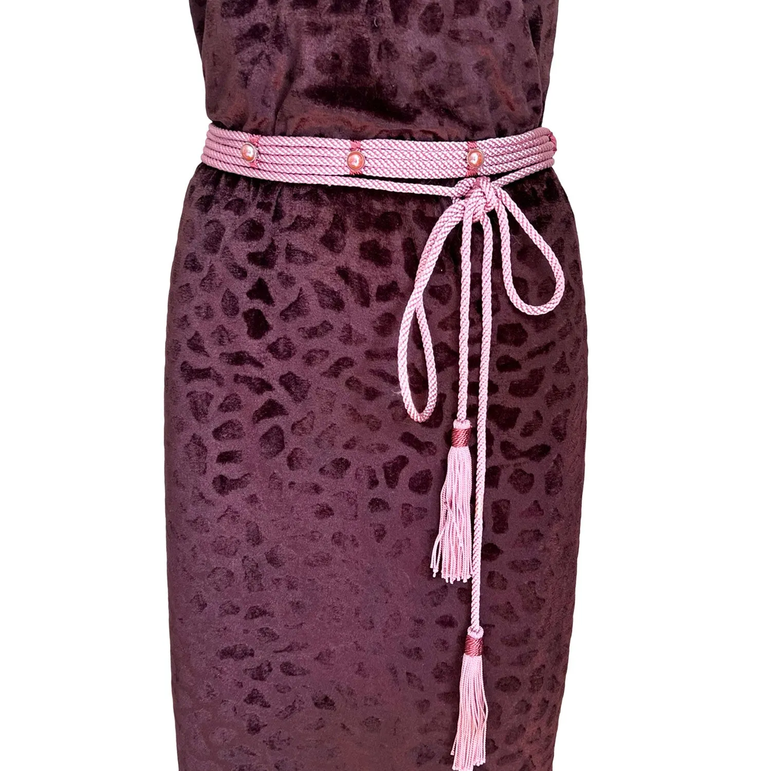 Animal-Print Dress with Slit in Brown Velvet And Pink Silk Belt