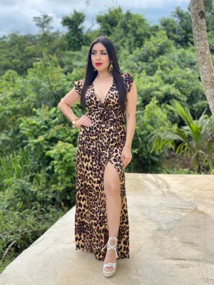 ANIMAL PRINTED SATIN MAXI DRESS W/BUTTON DOWN