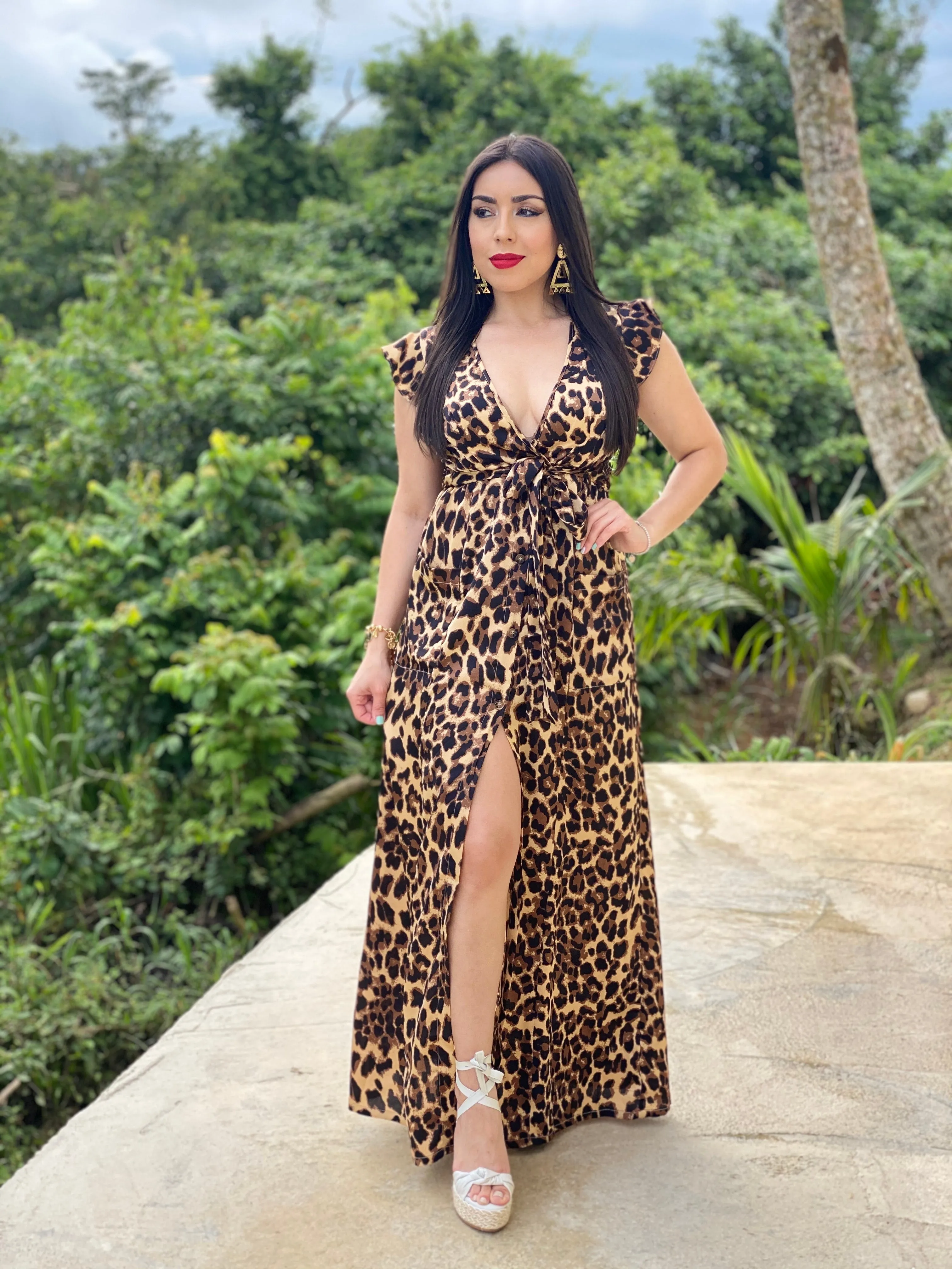 ANIMAL PRINTED SATIN MAXI DRESS W/BUTTON DOWN