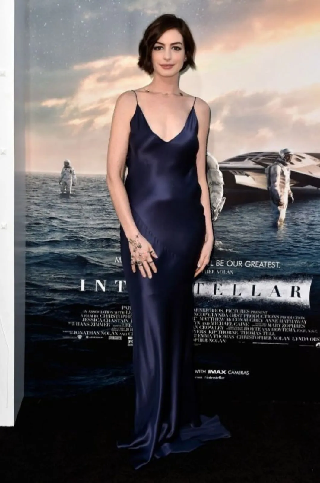 Anne Hathaway Royal Blue Satin Slip Formal Evening Celebrity Dress Interstellar Premiere