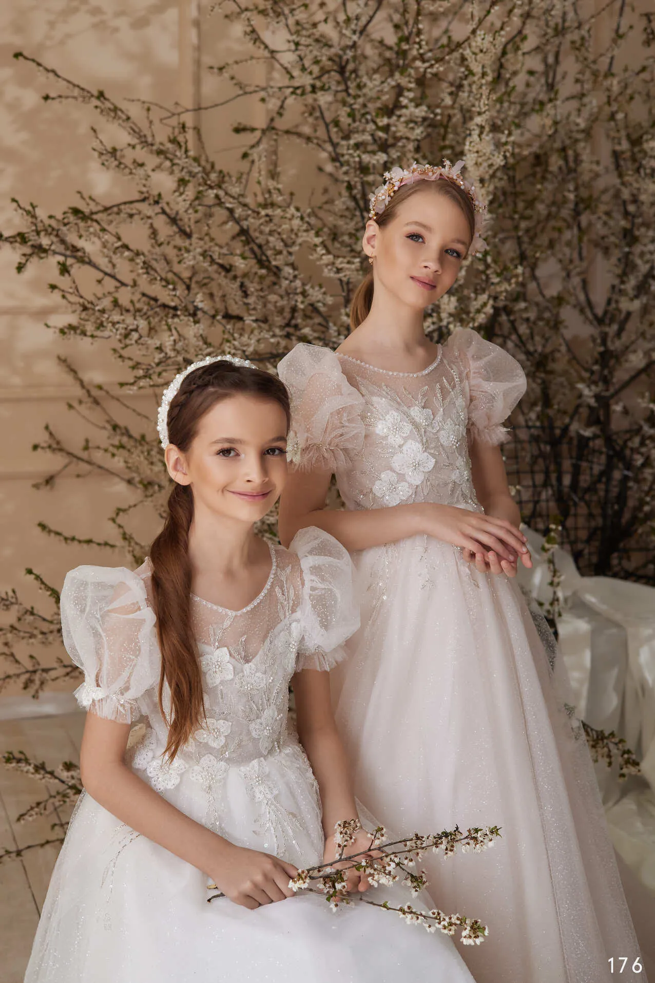April Glitter Tulle Flower Girl Dress with Puff Sleeves