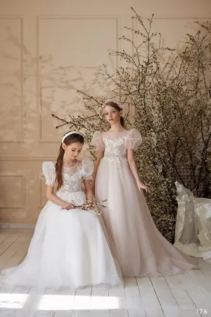 April Glitter Tulle Flower Girl Dress with Puff Sleeves