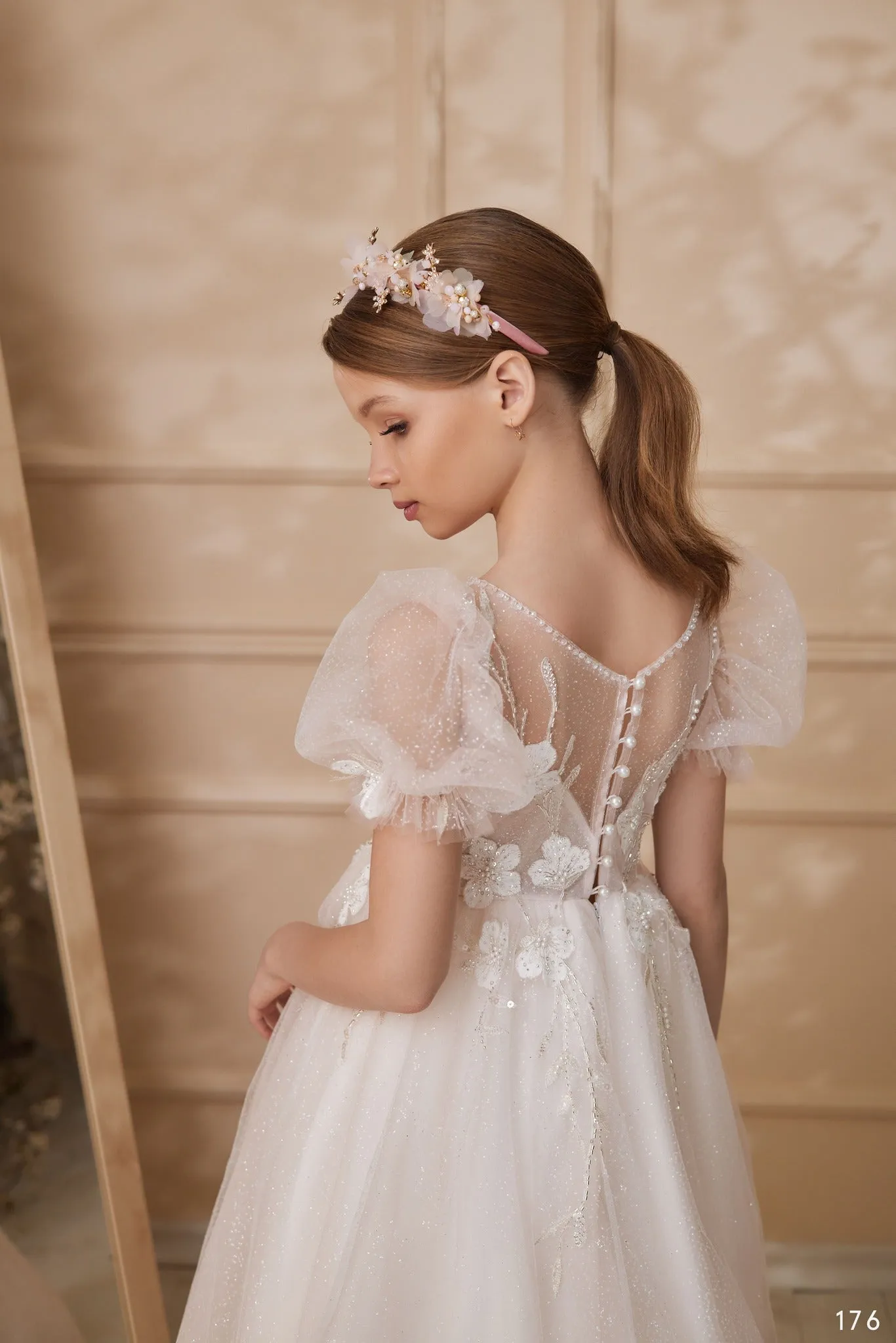 April Glitter Tulle Flower Girl Dress with Puff Sleeves