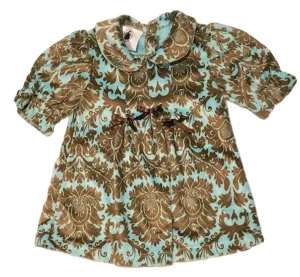 Aqua and Brown Paisley Velour Baby Dress