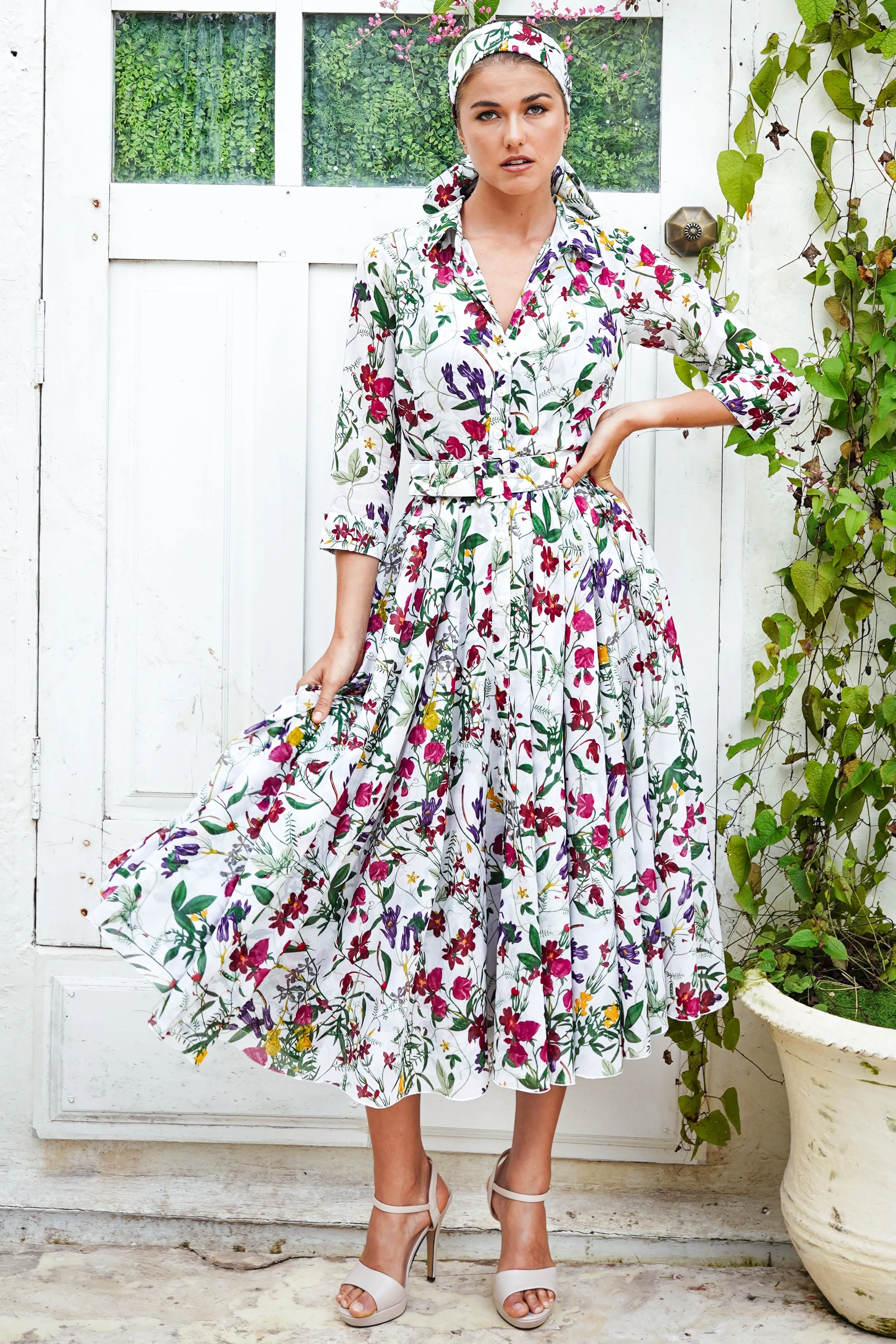 Aster Dress Shirt Collar 3/4 Sleeve Midi Length Cotton Musola (Fairy Tail Flower)