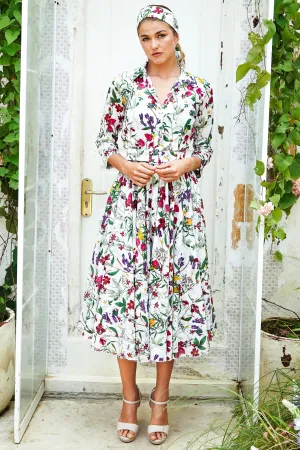 Aster Dress Shirt Collar 3/4 Sleeve Midi Length Cotton Musola (Fairy Tail Flower)