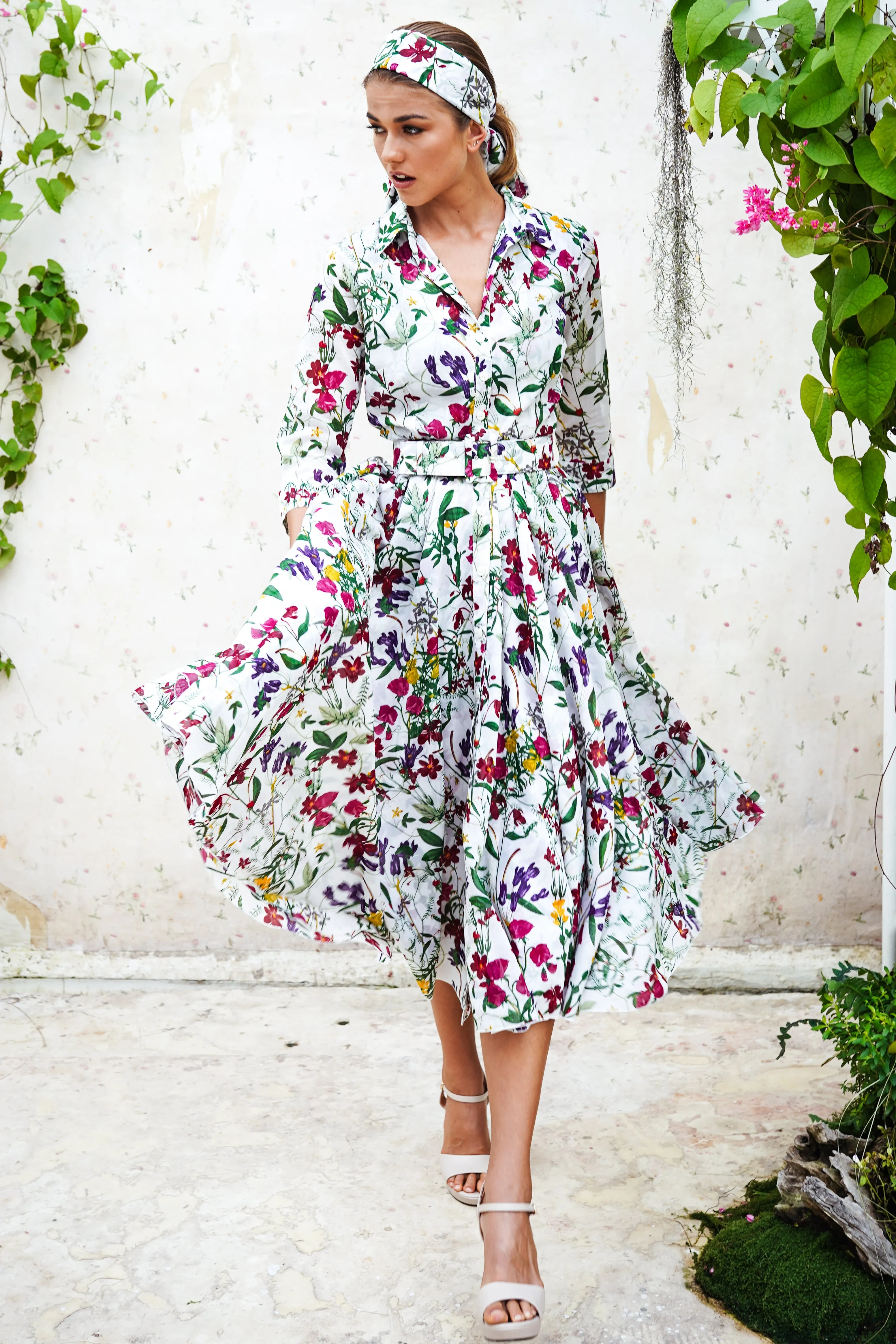 Aster Dress Shirt Collar 3/4 Sleeve Midi Length Cotton Musola (Fairy Tail Flower)