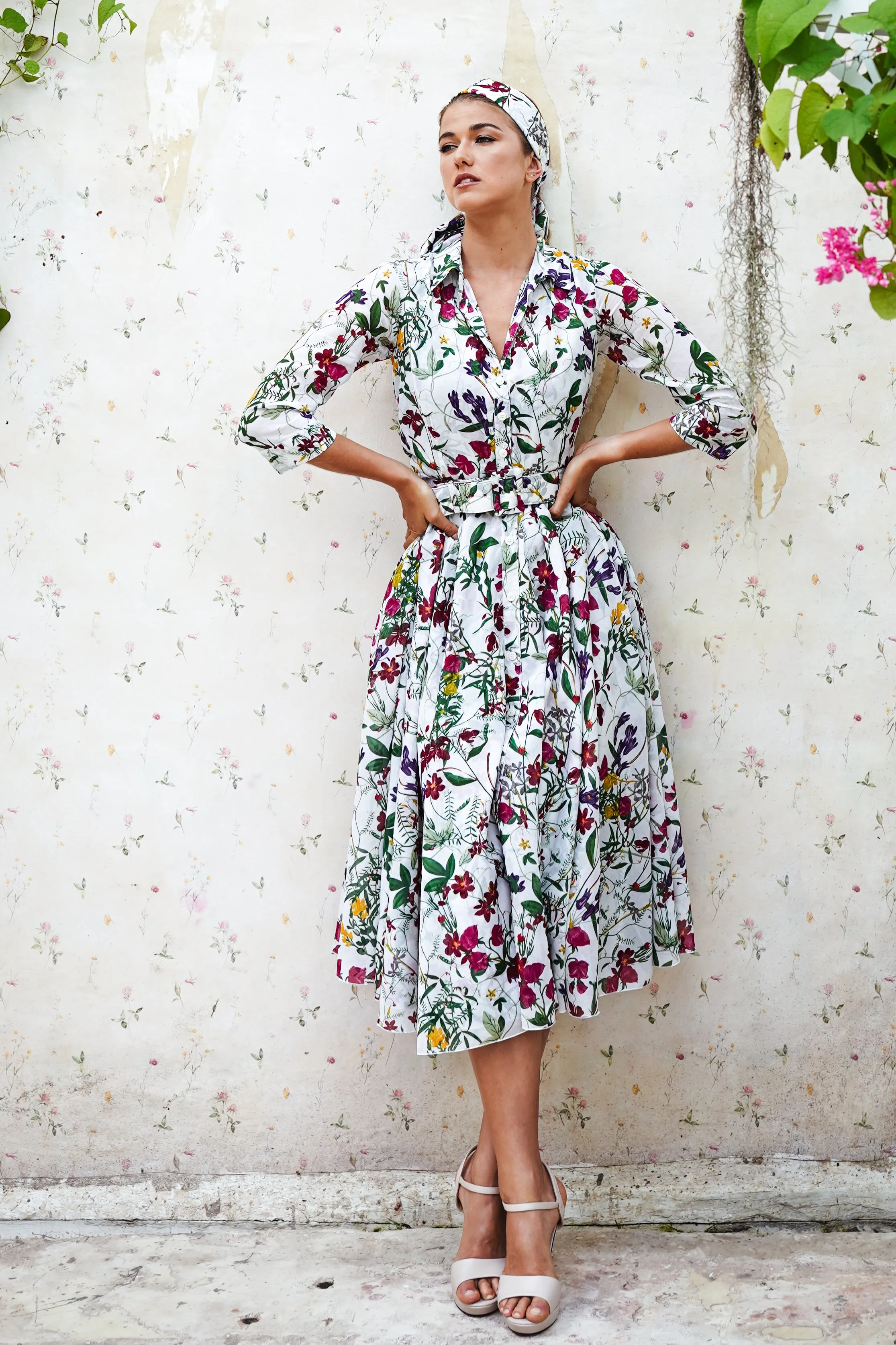 Aster Dress Shirt Collar 3/4 Sleeve Midi Length Cotton Musola (Fairy Tail Flower)