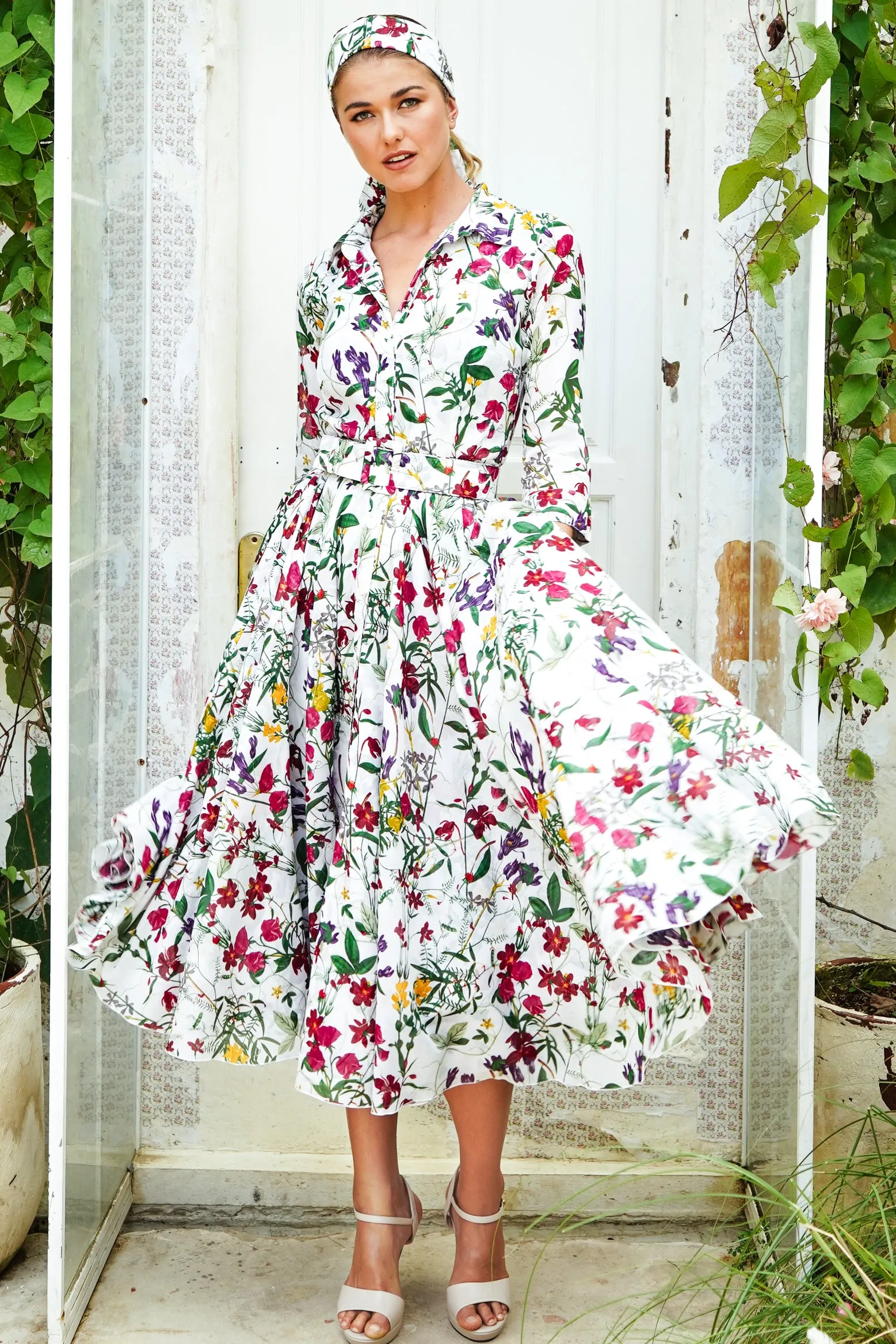 Aster Dress Shirt Collar 3/4 Sleeve Midi Length Cotton Musola (Fairy Tail Flower)