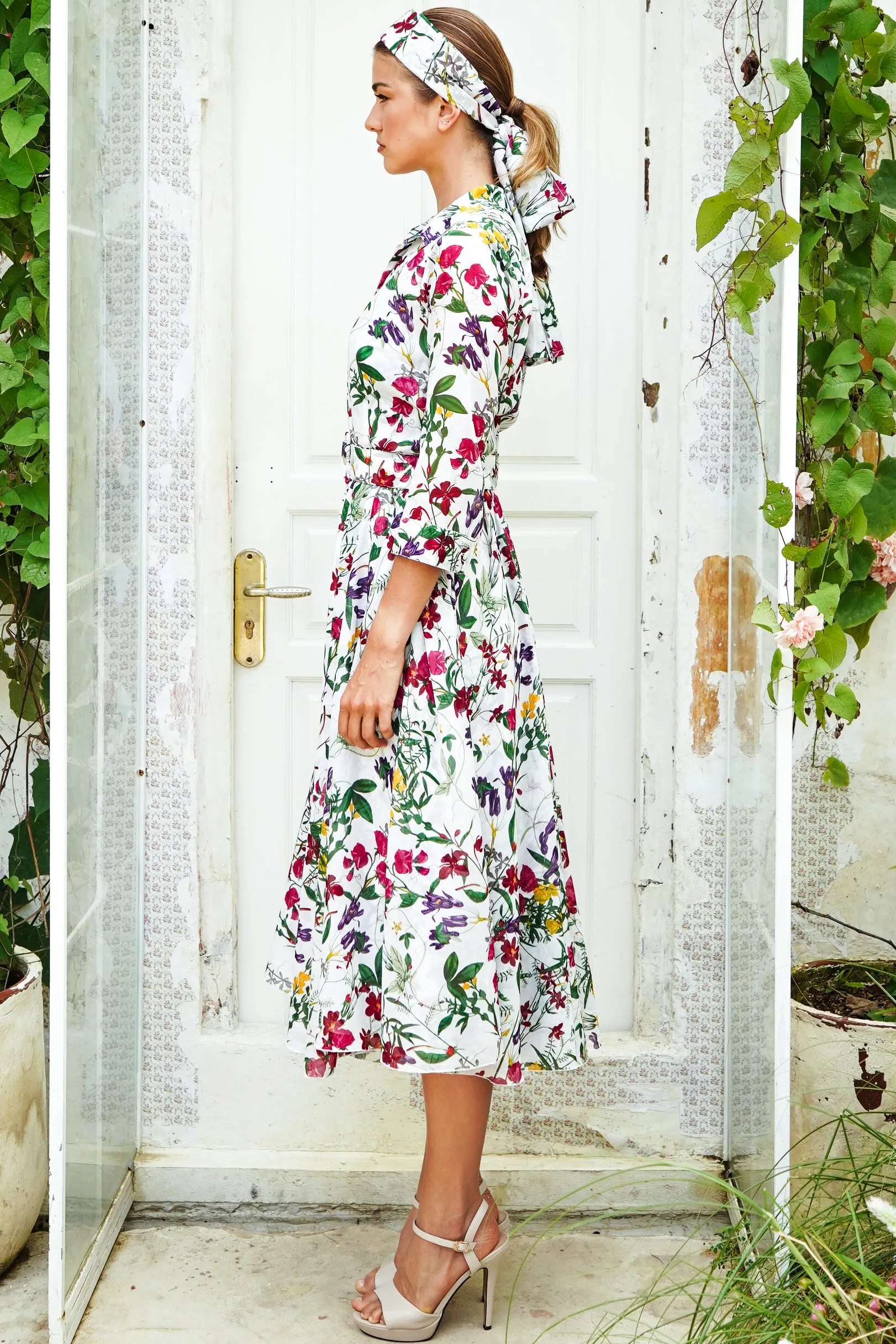 Aster Dress Shirt Collar 3/4 Sleeve Midi Length Cotton Musola (Fairy Tail Flower)