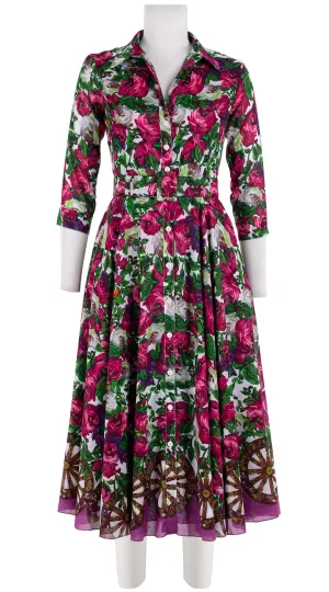 Aster Dress Shirt Collar 3/4 Sleeve Midi Length Cotton Musola (Rose Wheel White)