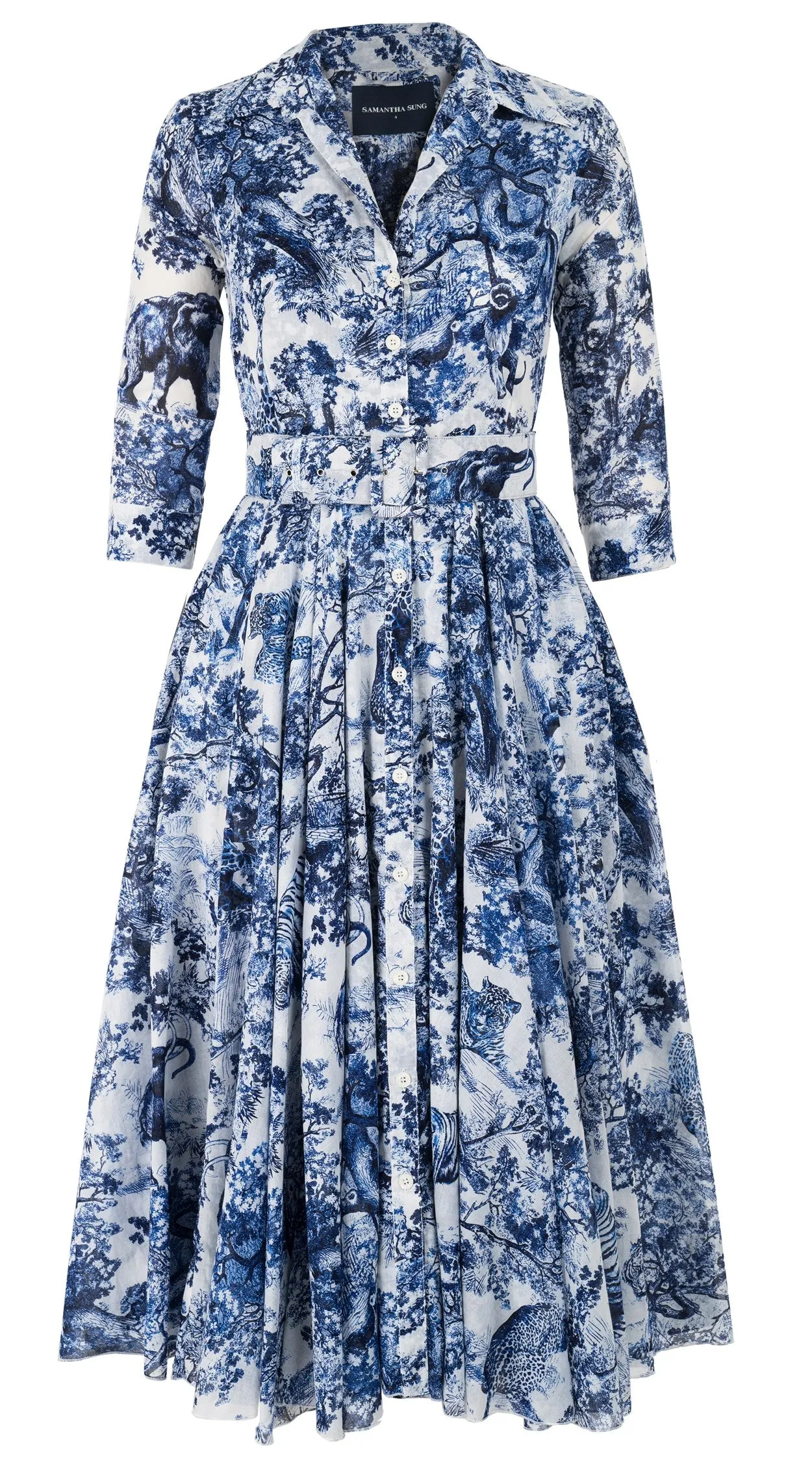 Aster Dress Shirt Collar 3/4 Sleeve Midi Length Cotton Musola_Safari Toile White_White Cobalt Blue