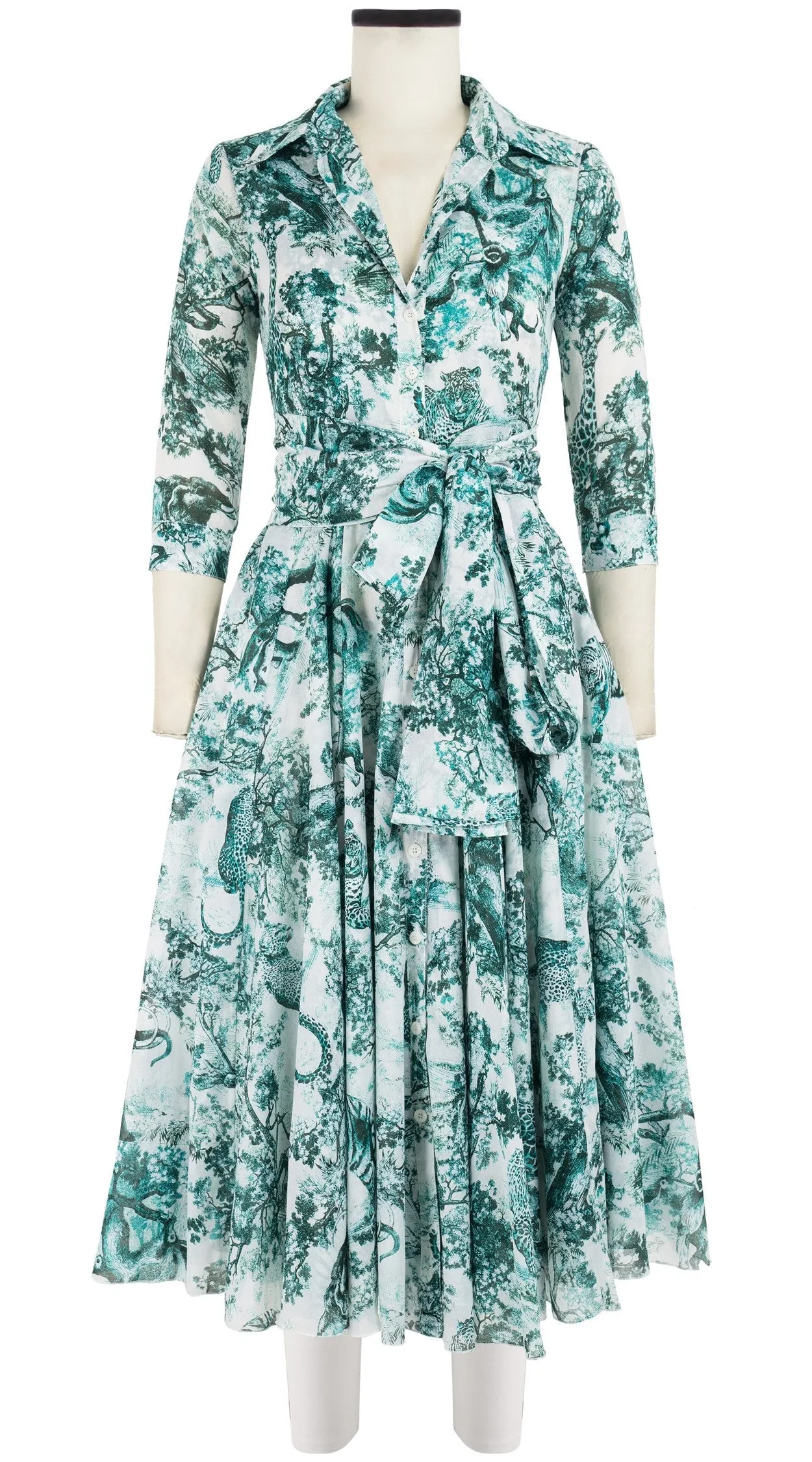 Aster Dress Shirt Collar 3/4 Sleeve Midi Length Cotton Musola_Safari Toile White_White Cobalt Blue