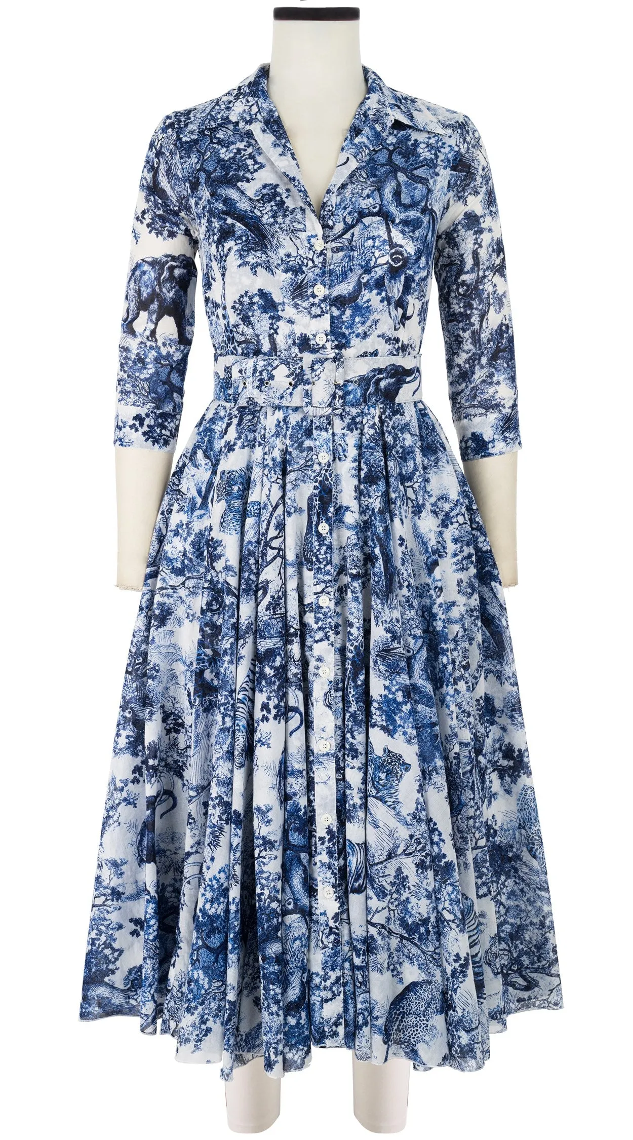 Aster Dress Shirt Collar 3/4 Sleeve Midi Length Cotton Musola_Safari Toile White_White Cobalt Blue