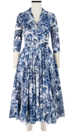 Aster Dress Shirt Collar 3/4 Sleeve Midi Length Cotton Musola_Safari Toile White_White Cobalt Blue