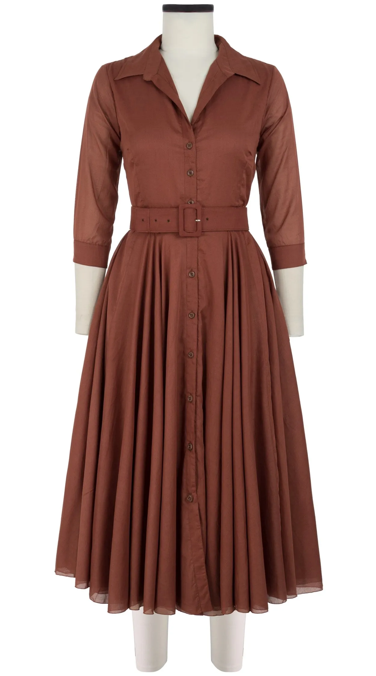 Aster Dress Shirt Collar 3/4 Sleeve Midi Length Cotton Musola_Solid_Dark Ochra