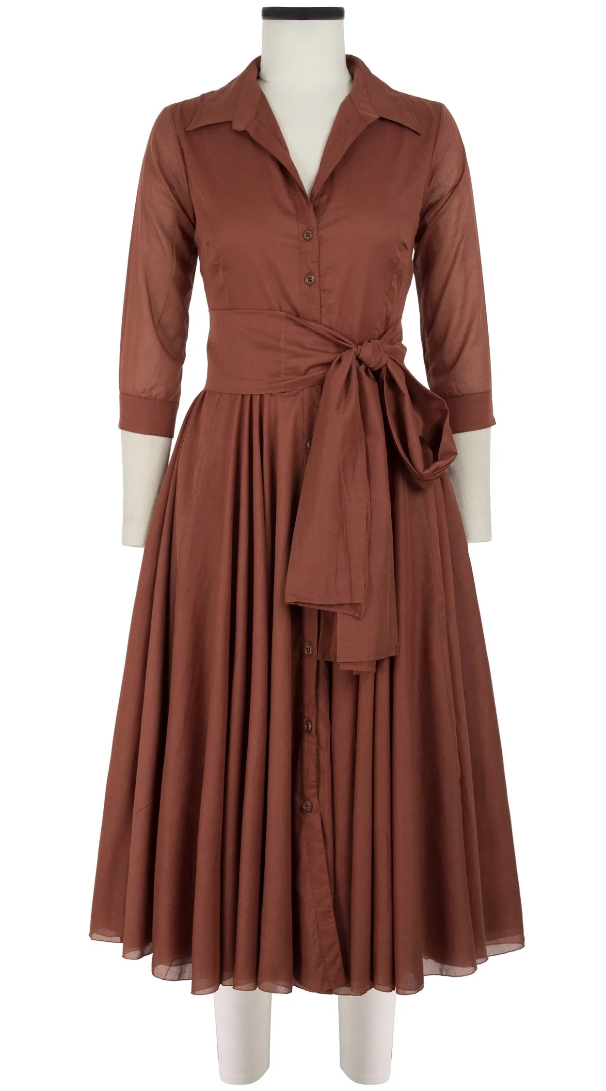 Aster Dress Shirt Collar 3/4 Sleeve Midi Length Cotton Musola_Solid_Dark Ochra