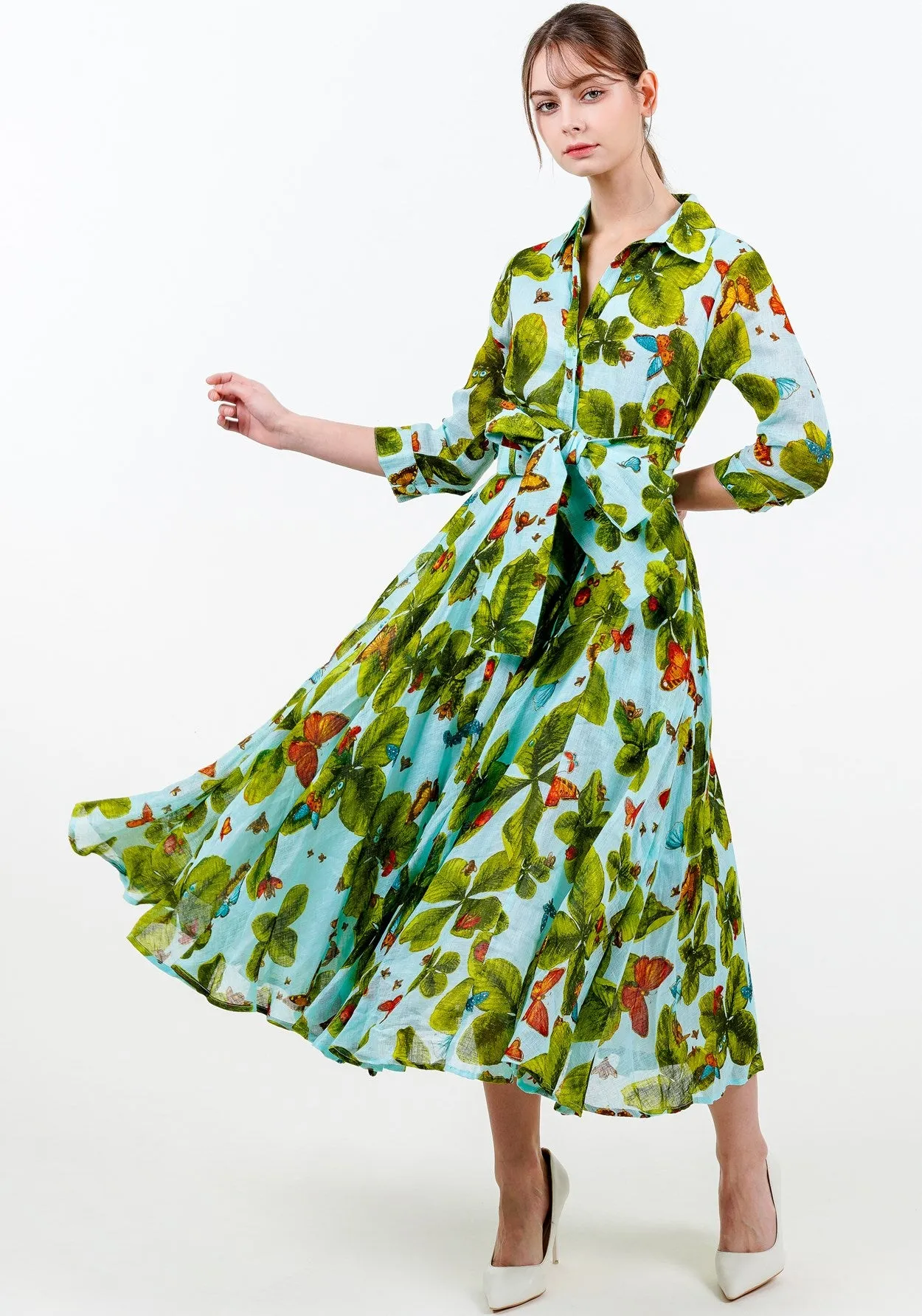 Aster Dress Shirt Collar 3/4 Sleeve Midi Length Linen (Clover Butterfly Small)