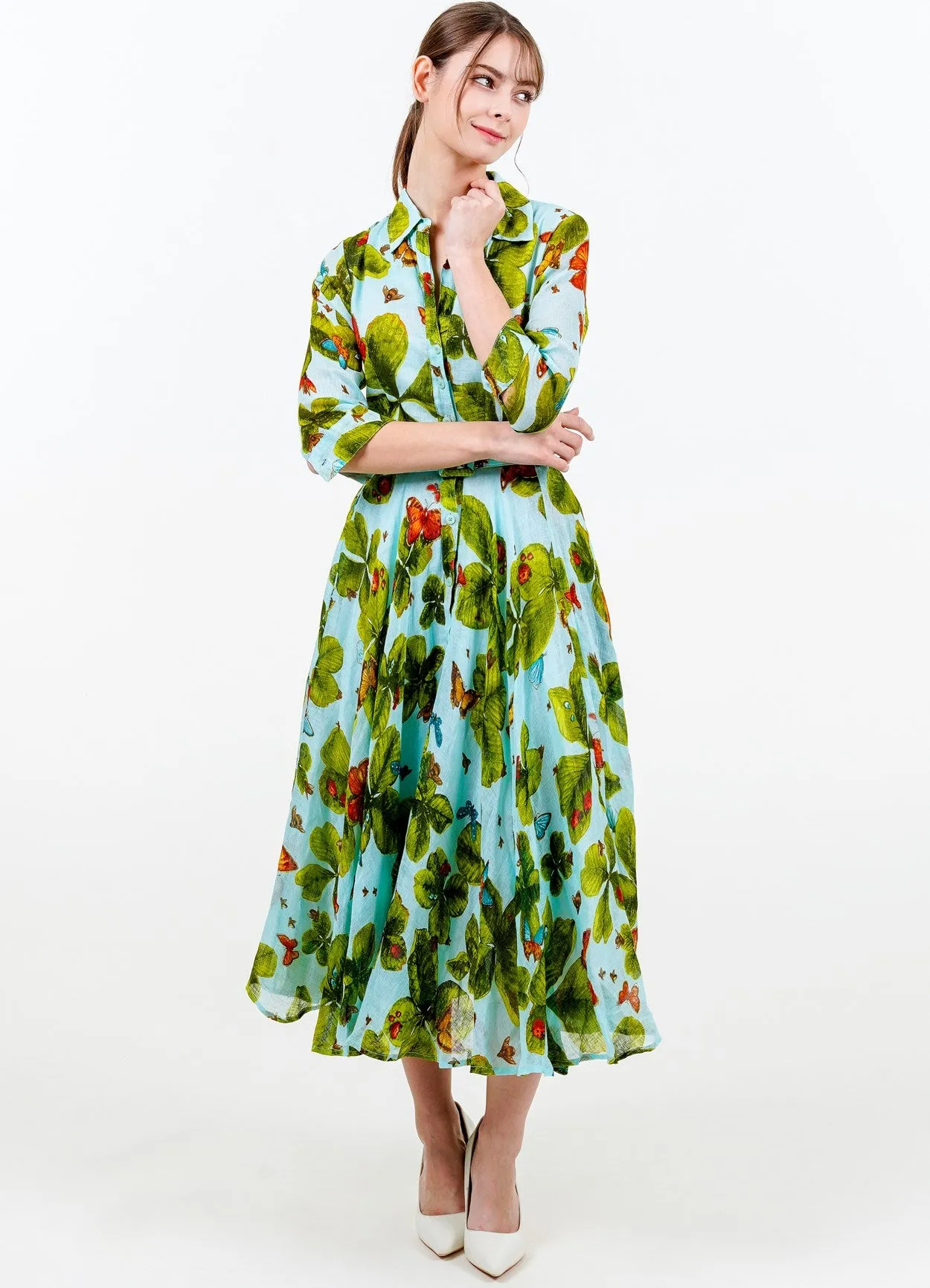 Aster Dress Shirt Collar 3/4 Sleeve Midi Length Linen (Clover Butterfly Small)