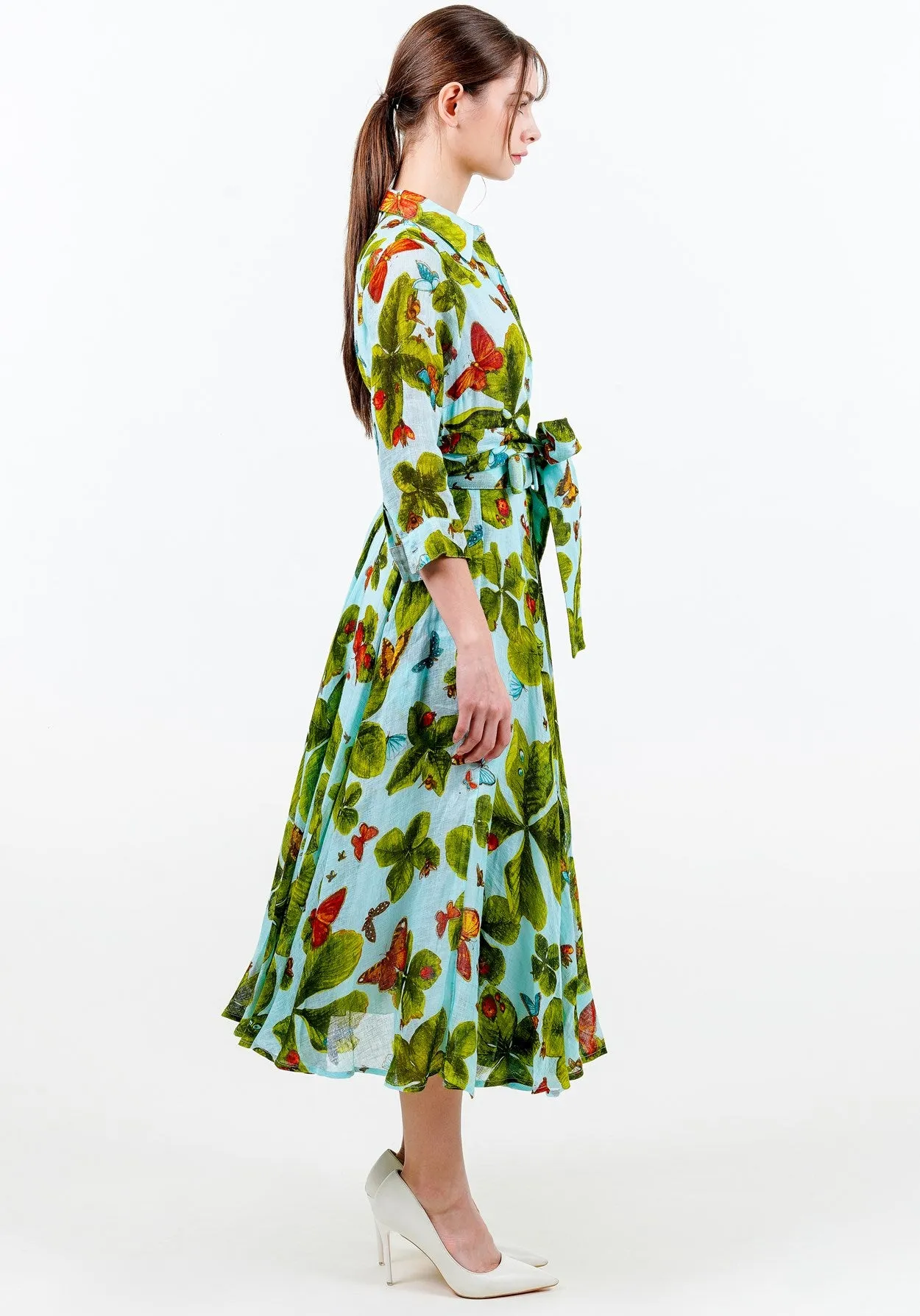 Aster Dress Shirt Collar 3/4 Sleeve Midi Length Linen (Clover Butterfly Small)