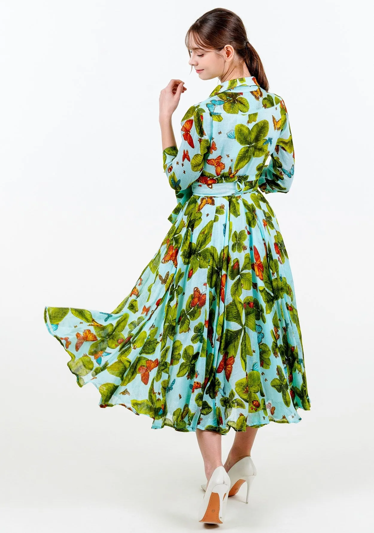 Aster Dress Shirt Collar 3/4 Sleeve Midi Length Linen (Clover Butterfly Small)
