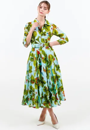 Aster Dress Shirt Collar 3/4 Sleeve Midi Length Linen (Clover Butterfly Small)
