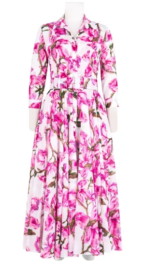 Aster Dress Shirt Collar 3/4 Sleeve Midi Plus Length Cotton Musola (Magnolia Blossom White)
