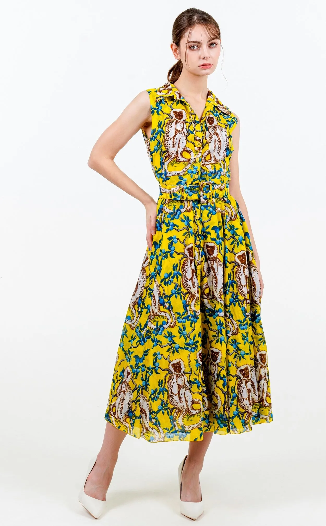 Aster Dress Shirt Collar Sleeveless Midi Length Cotton Musola (Monkey on Green)