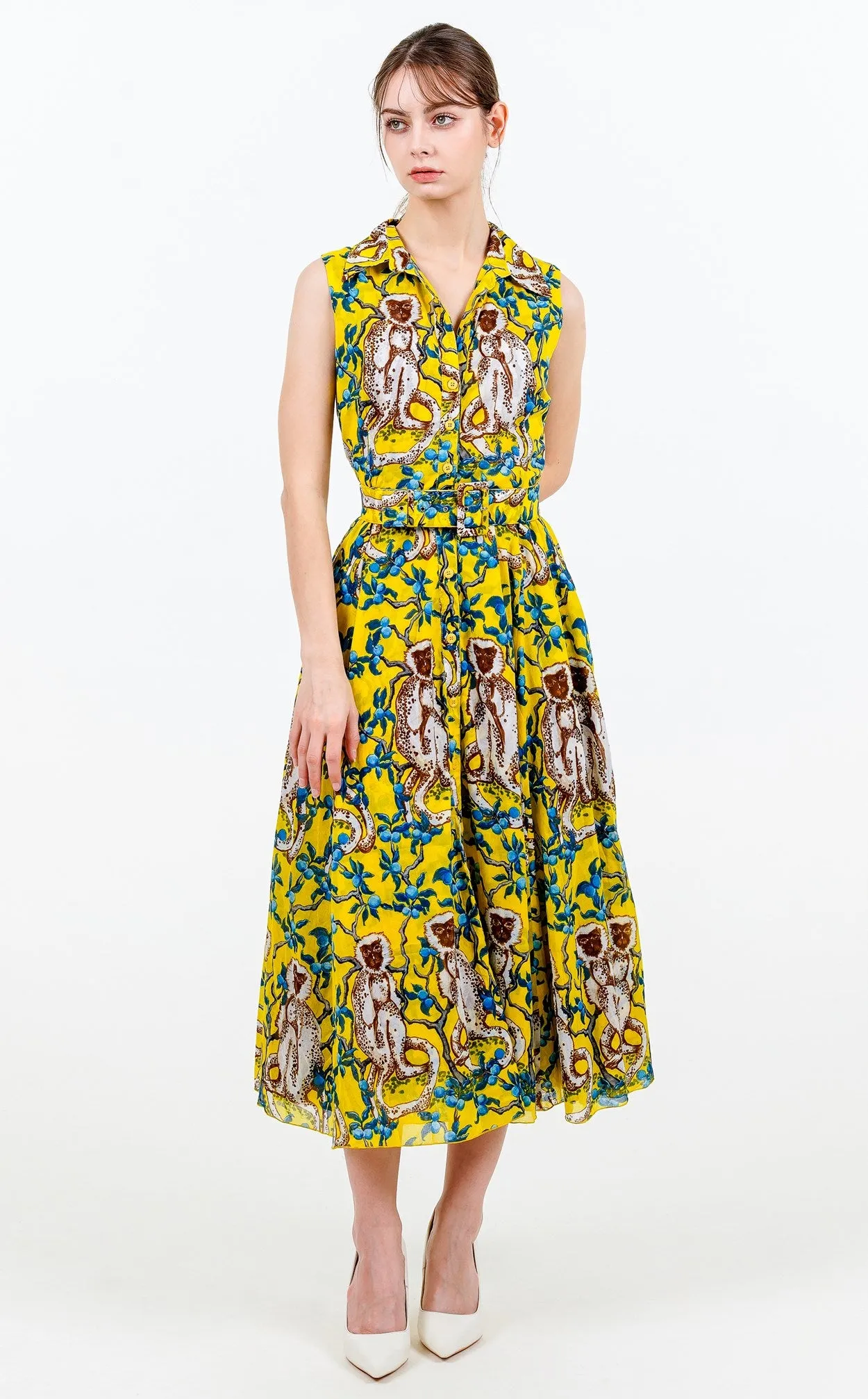Aster Dress Shirt Collar Sleeveless Midi Length Cotton Musola (Monkey on Green)
