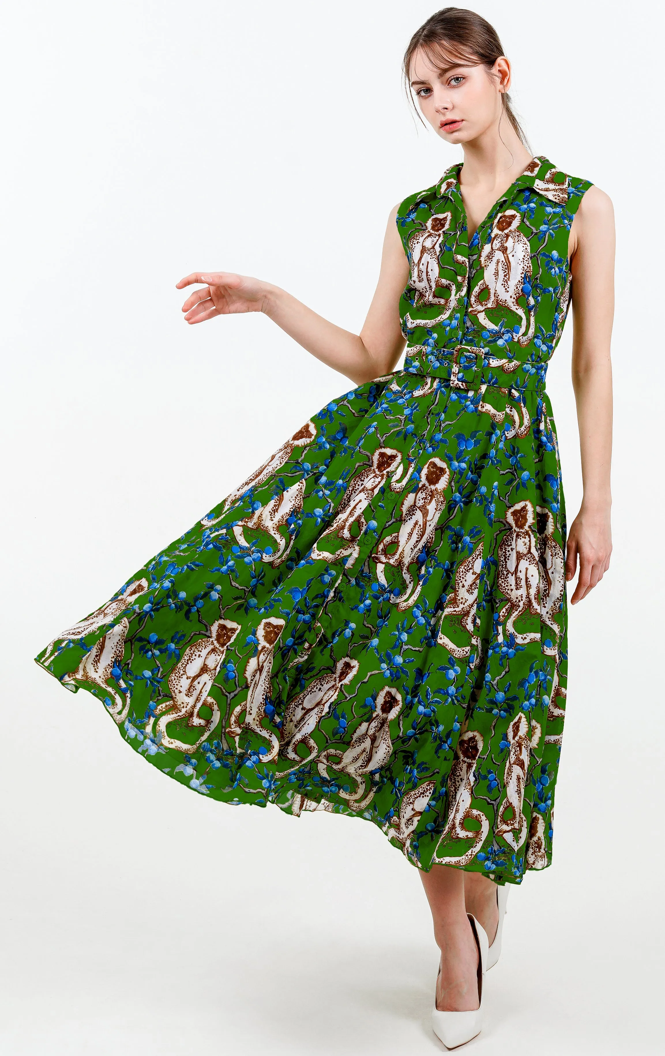 Aster Dress Shirt Collar Sleeveless Midi Length Cotton Musola (Monkey on Green)