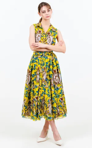 Aster Dress Shirt Collar Sleeveless Midi Length Cotton Musola (Monkey on Green)