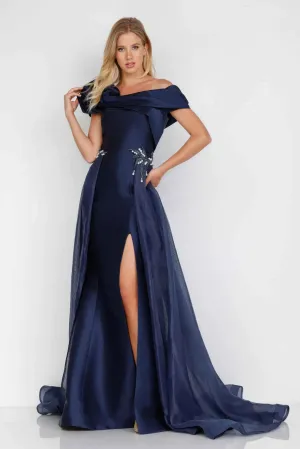 Asymmetrical Pleated Off Shoulder Organza Gown with SLit