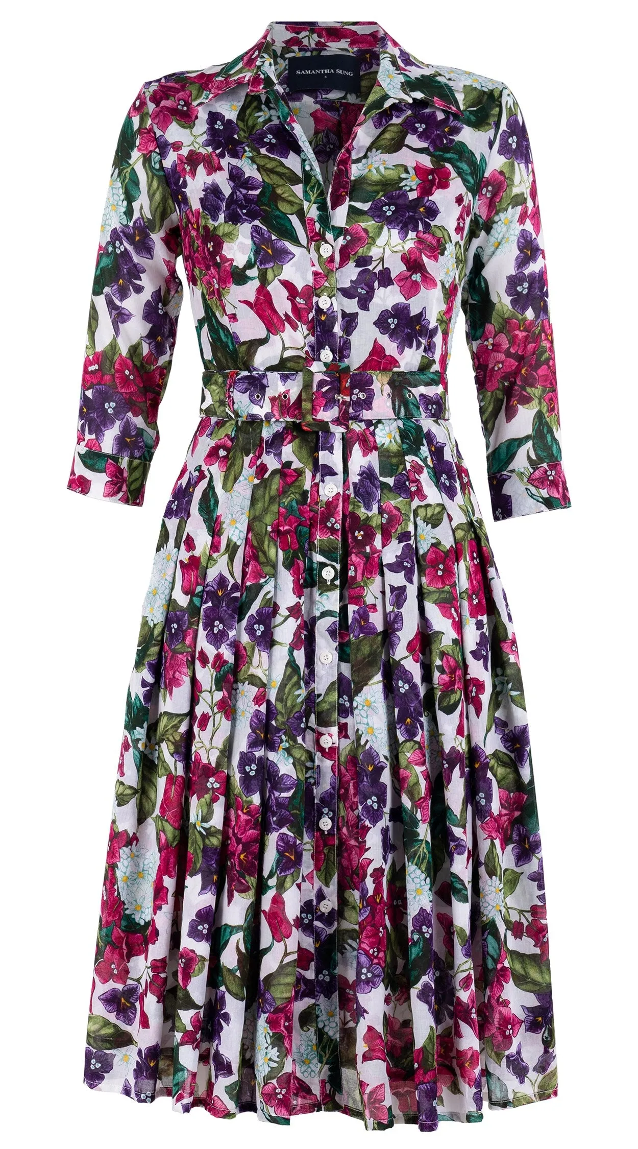 Audrey Dress #4 Shirt Collar 3/4 Sleeve Long  3 Length Cotton Musola (Barbados Flower White)