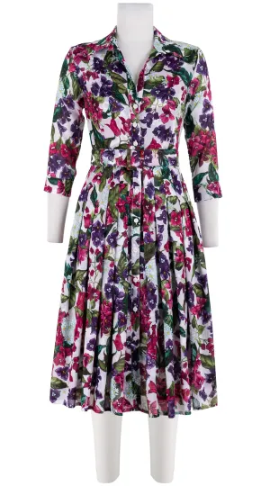 Audrey Dress #4 Shirt Collar 3/4 Sleeve Long  3 Length Cotton Musola (Barbados Flower White)