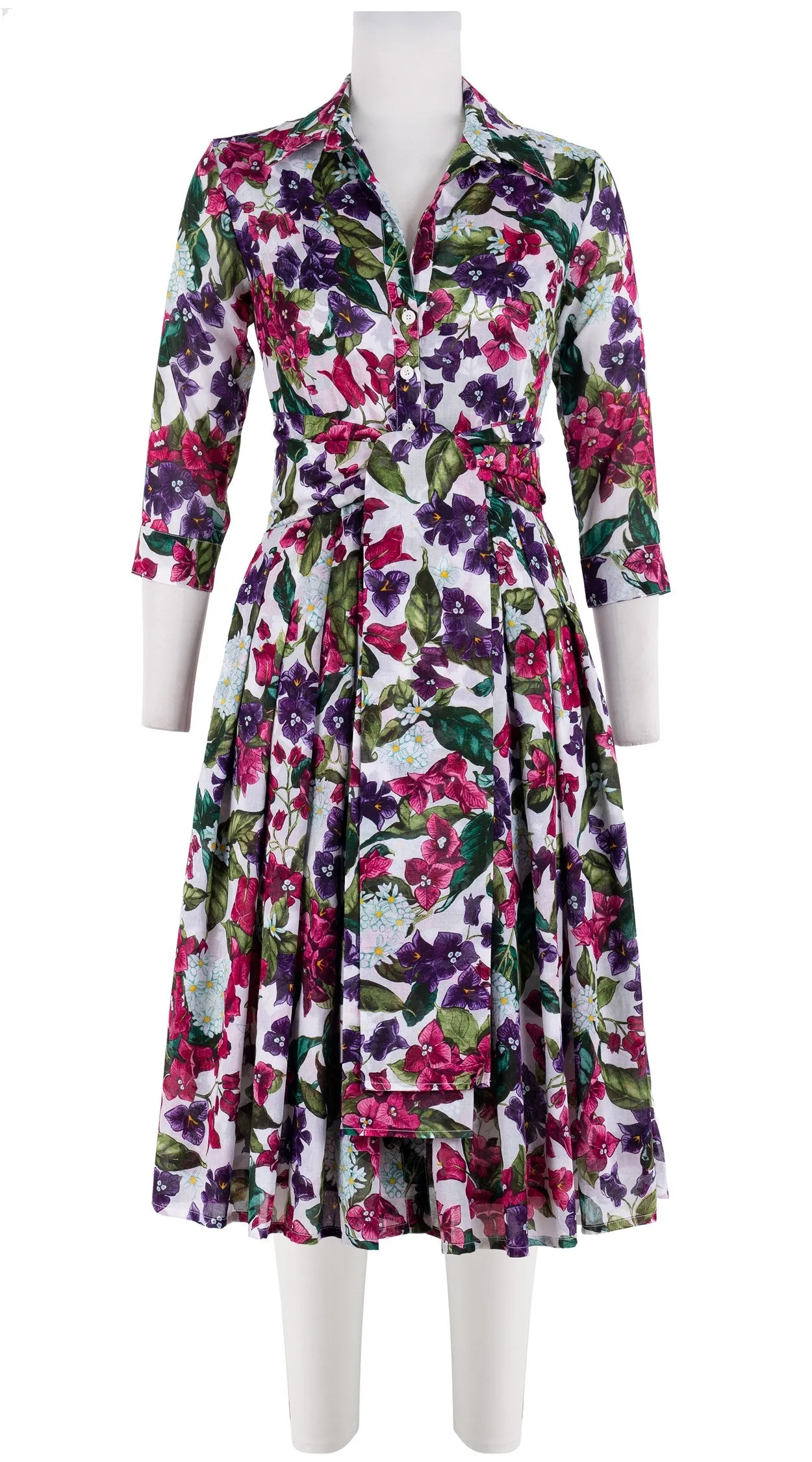 Audrey Dress #4 Shirt Collar 3/4 Sleeve Long  3 Length Cotton Musola (Barbados Flower White)
