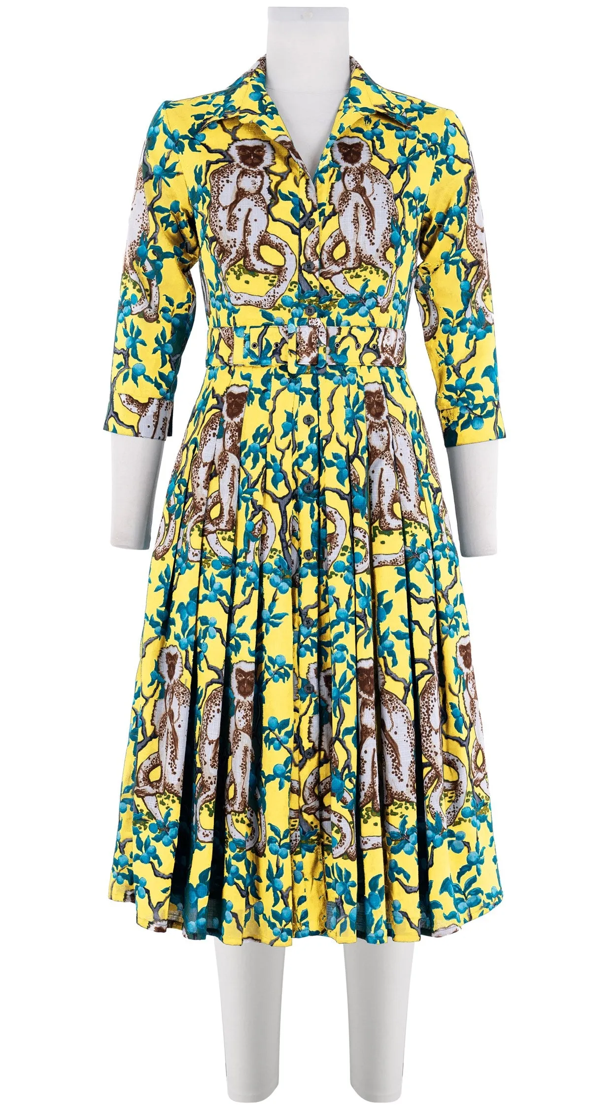 Audrey Dress #4 Shirt Collar 3/4 Sleeve Long  3 Length Cotton Musola (Monkey on Green)