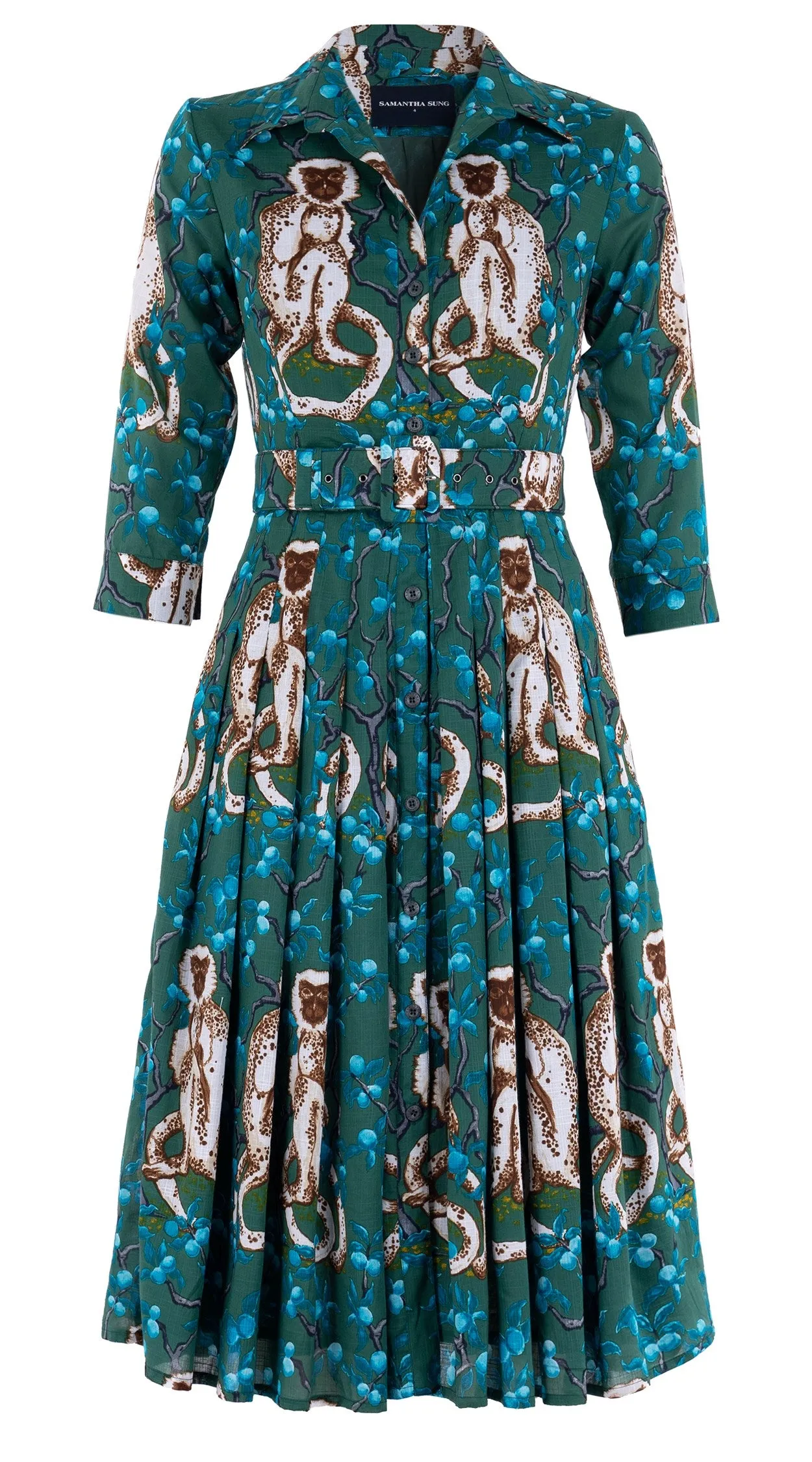Audrey Dress #4 Shirt Collar 3/4 Sleeve Long  3 Length Cotton Musola (Monkey on Green)