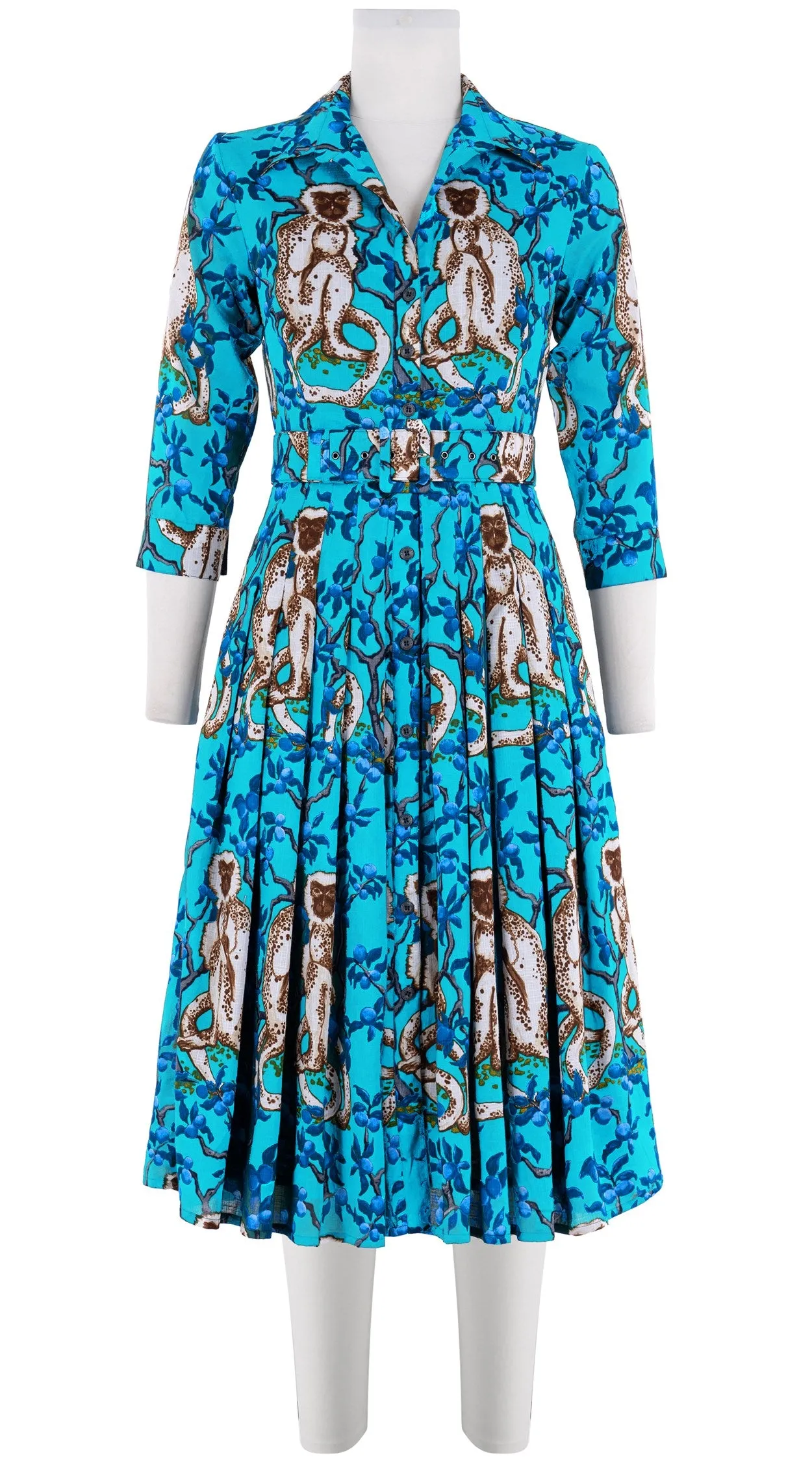Audrey Dress #4 Shirt Collar 3/4 Sleeve Long  3 Length Cotton Musola (Monkey on Green)