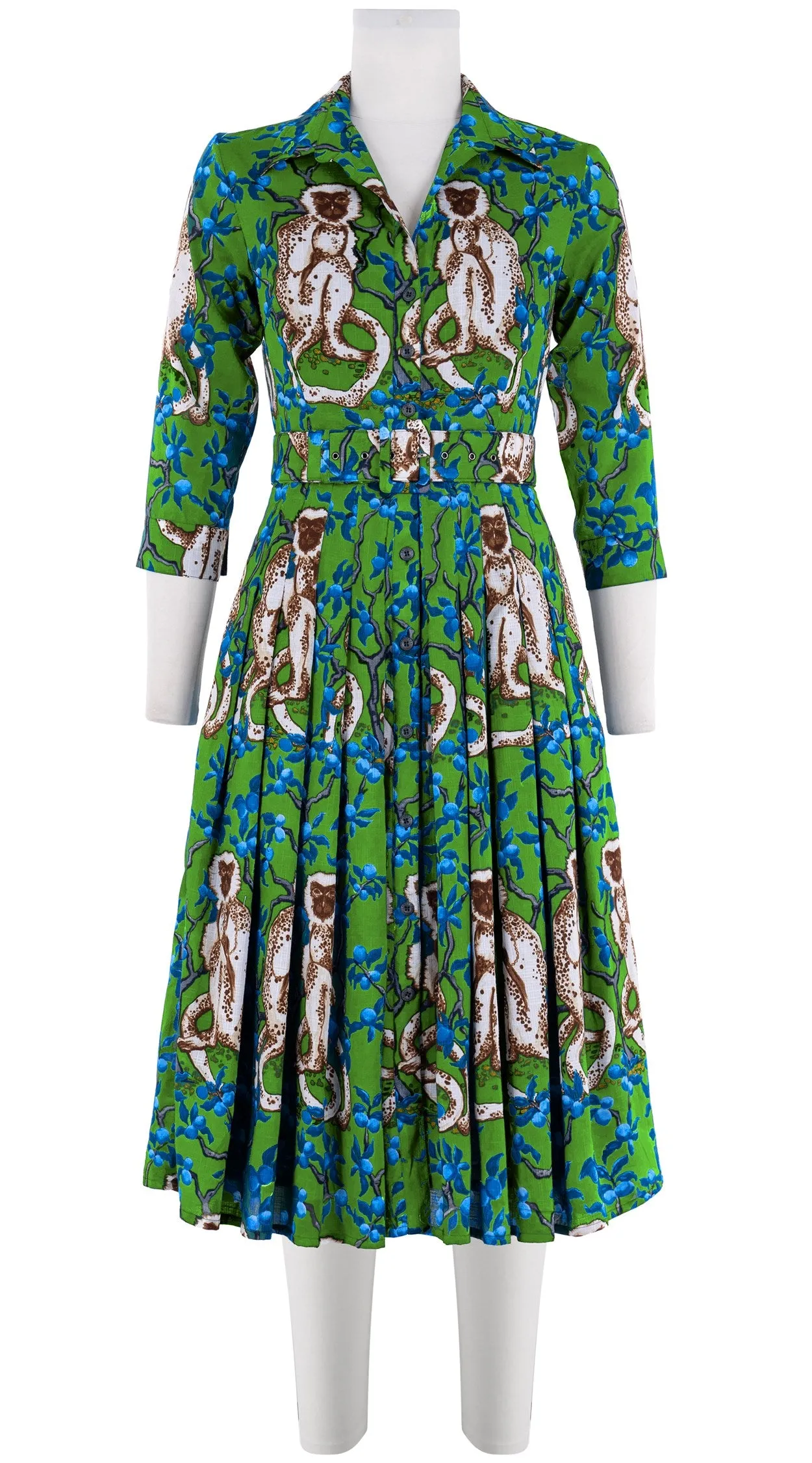 Audrey Dress #4 Shirt Collar 3/4 Sleeve Long  3 Length Cotton Musola (Monkey on Green)