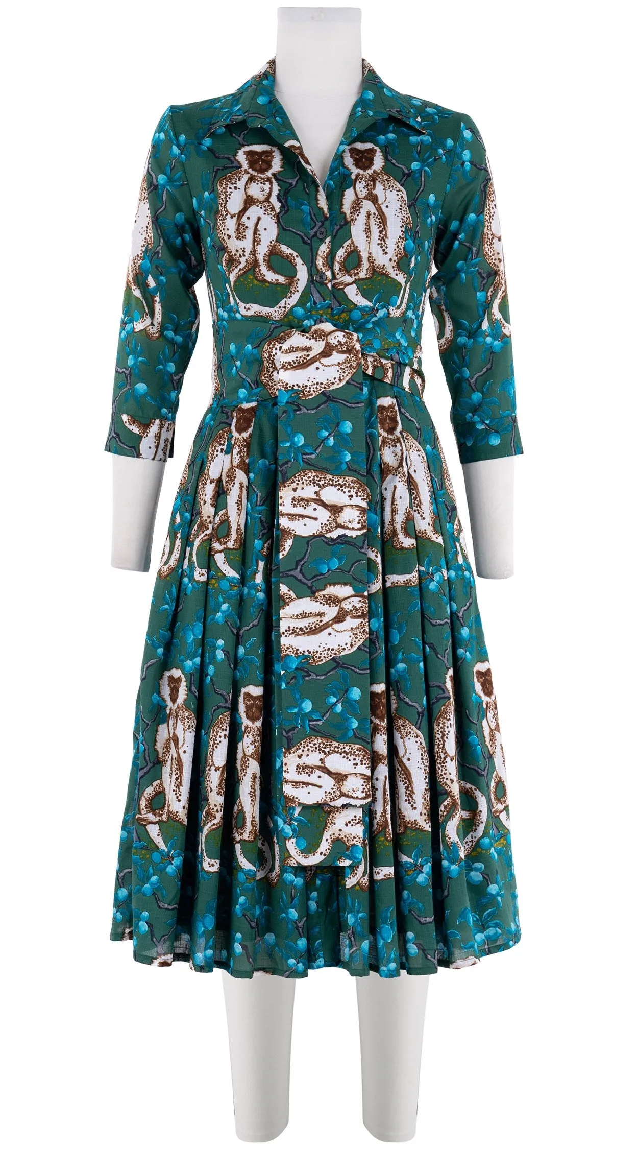 Audrey Dress #4 Shirt Collar 3/4 Sleeve Long  3 Length Cotton Musola (Monkey on Green)