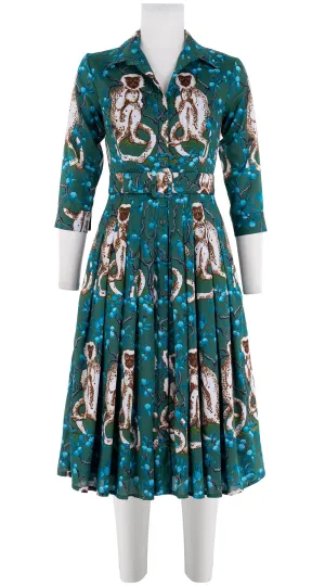 Audrey Dress #4 Shirt Collar 3/4 Sleeve Long  3 Length Cotton Musola (Monkey on Green)