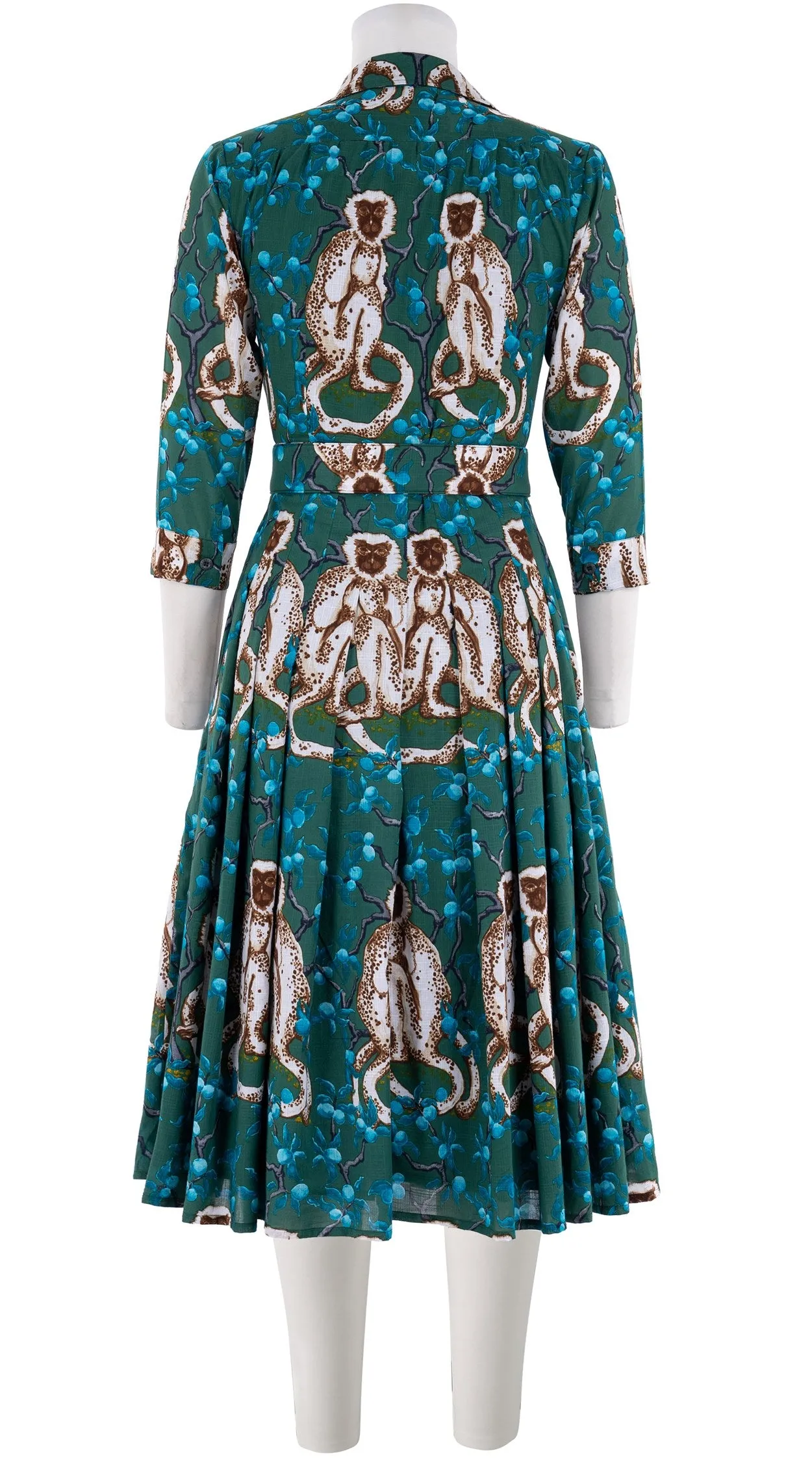 Audrey Dress #4 Shirt Collar 3/4 Sleeve Long  3 Length Cotton Musola (Monkey on Green)