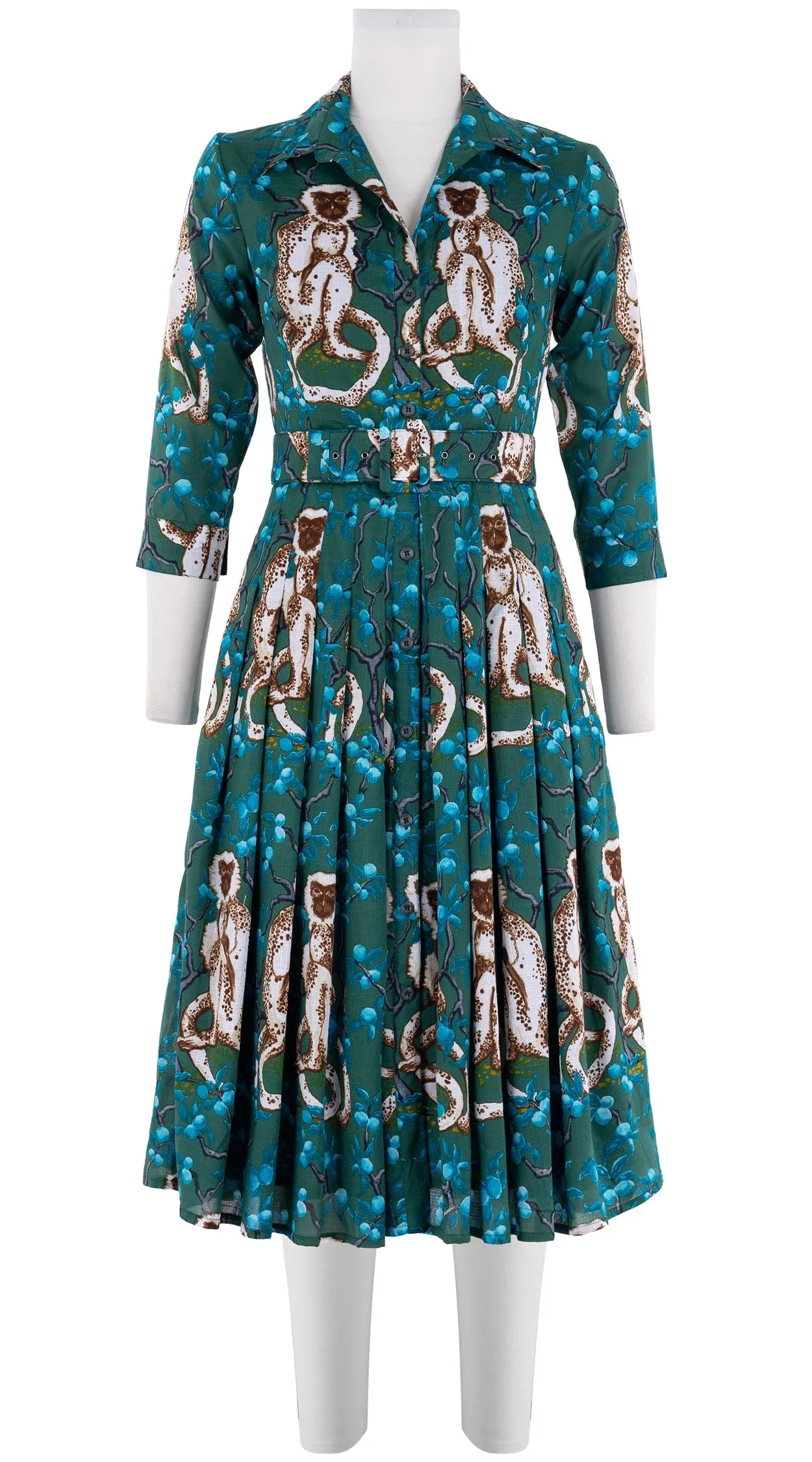 Audrey Dress #4 Shirt Collar 3/4 Sleeve Long  3 Length Cotton Musola (Monkey on Green)