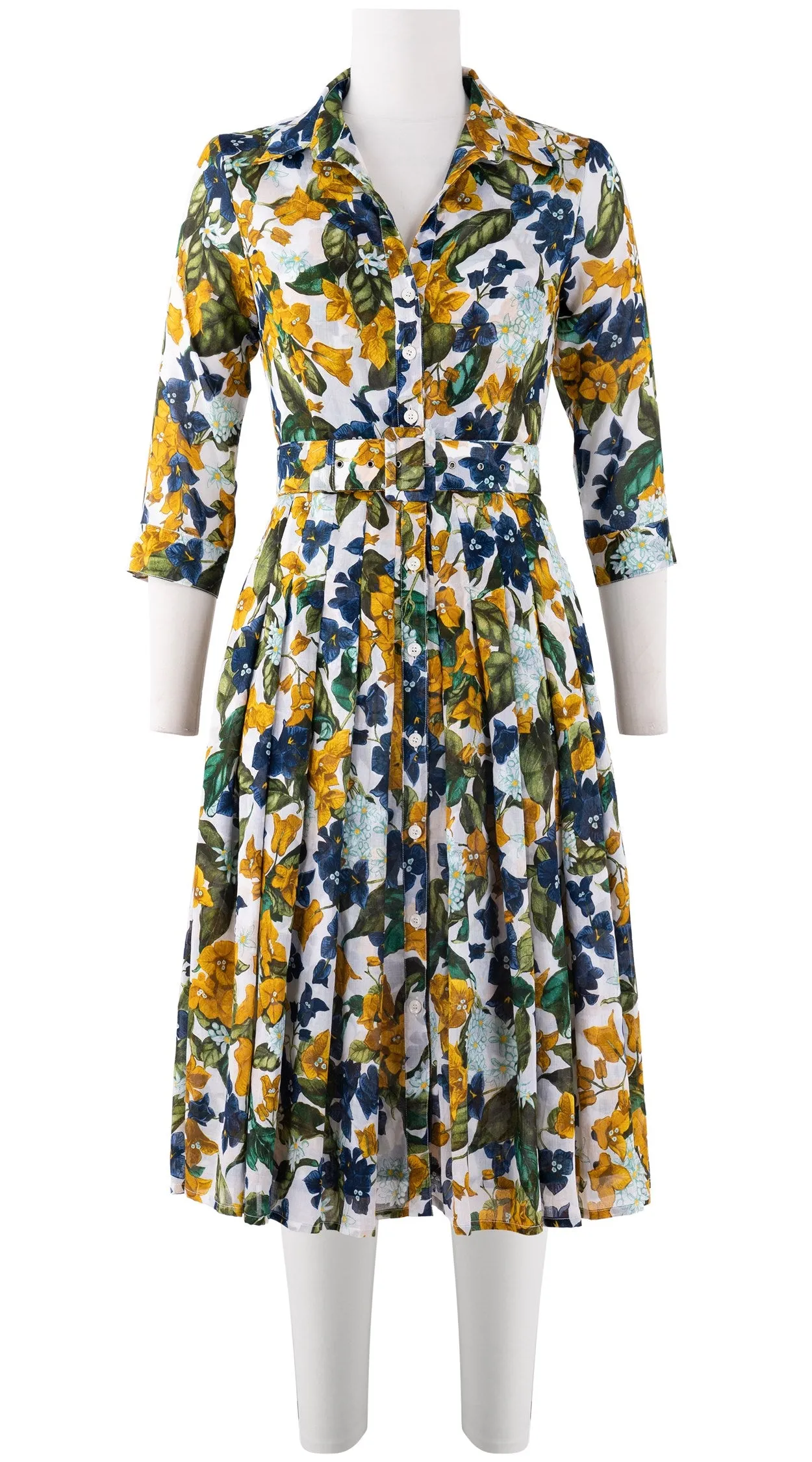 Audrey Dress #4 Shirt Collar 3/4 Sleeve Long Length Cotton Musola (Barbados Flower White)