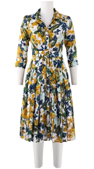 Audrey Dress #4 Shirt Collar 3/4 Sleeve Long Length Cotton Musola (Barbados Flower White)