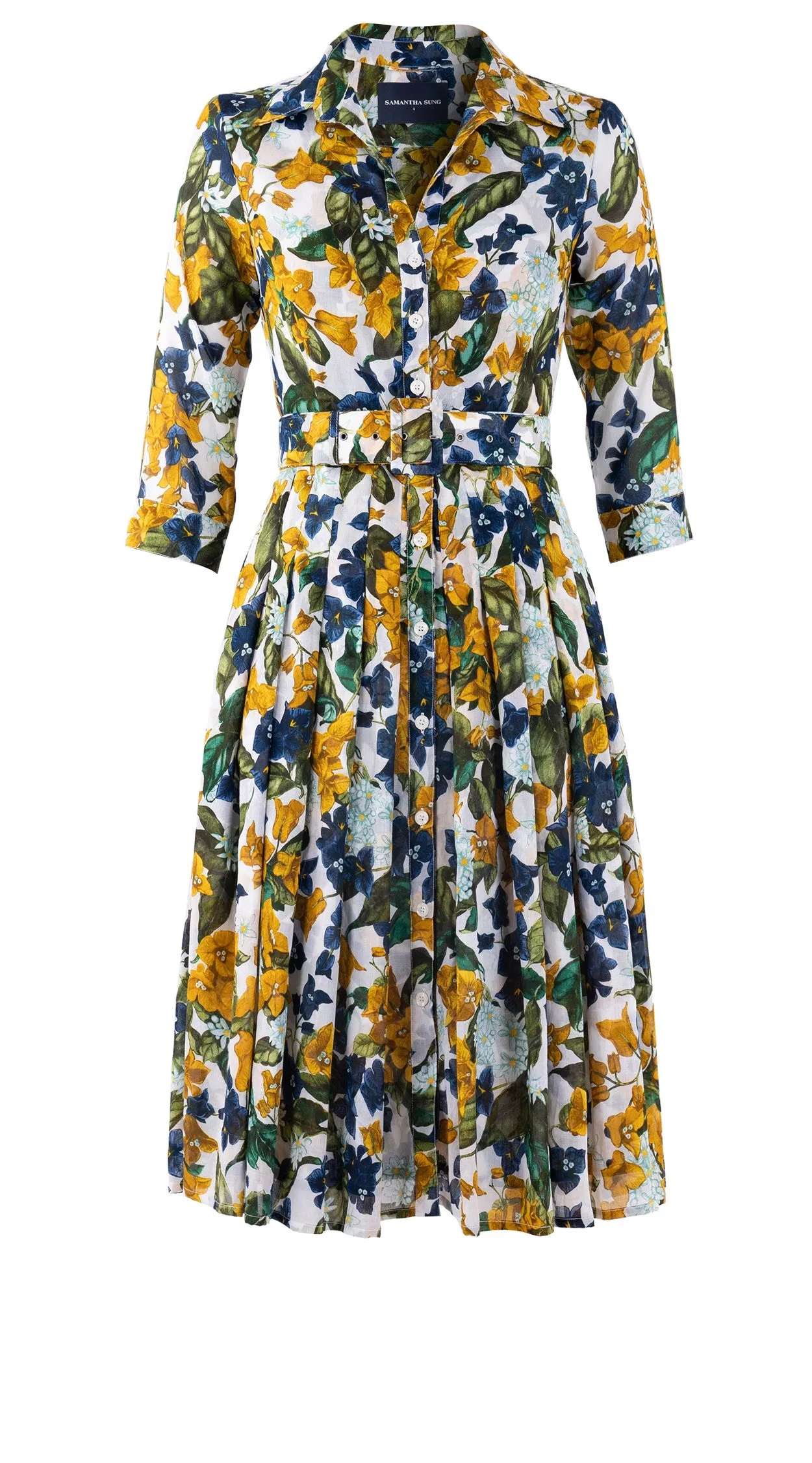 Audrey Dress #4 Shirt Collar 3/4 Sleeve Long Length Cotton Musola (Barbados Flower White)