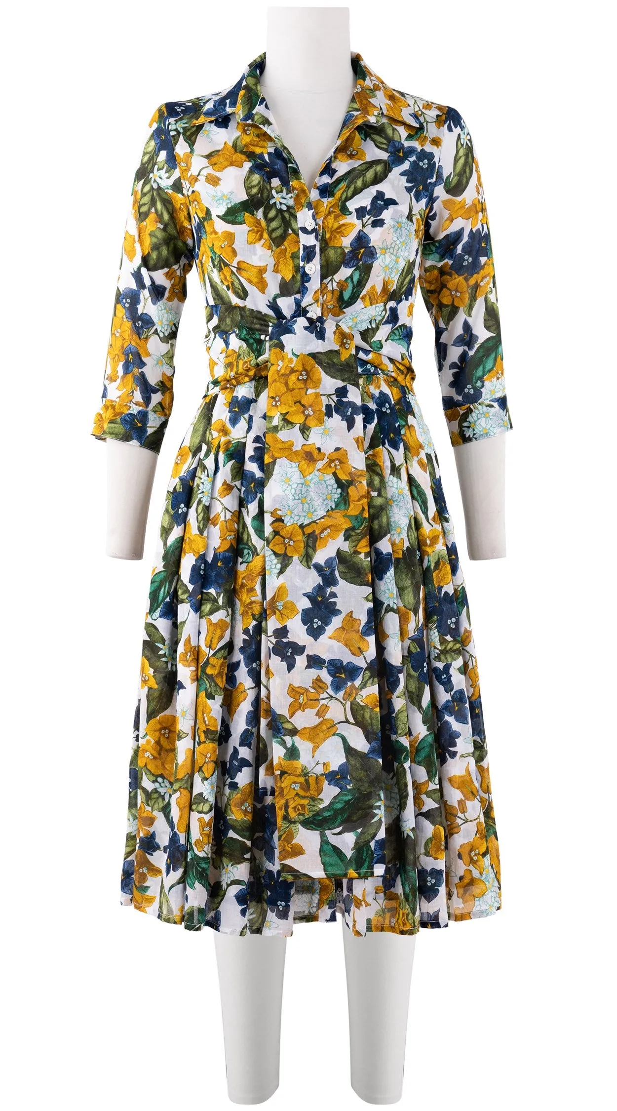 Audrey Dress #4 Shirt Collar 3/4 Sleeve Long Length Cotton Musola (Barbados Flower White)