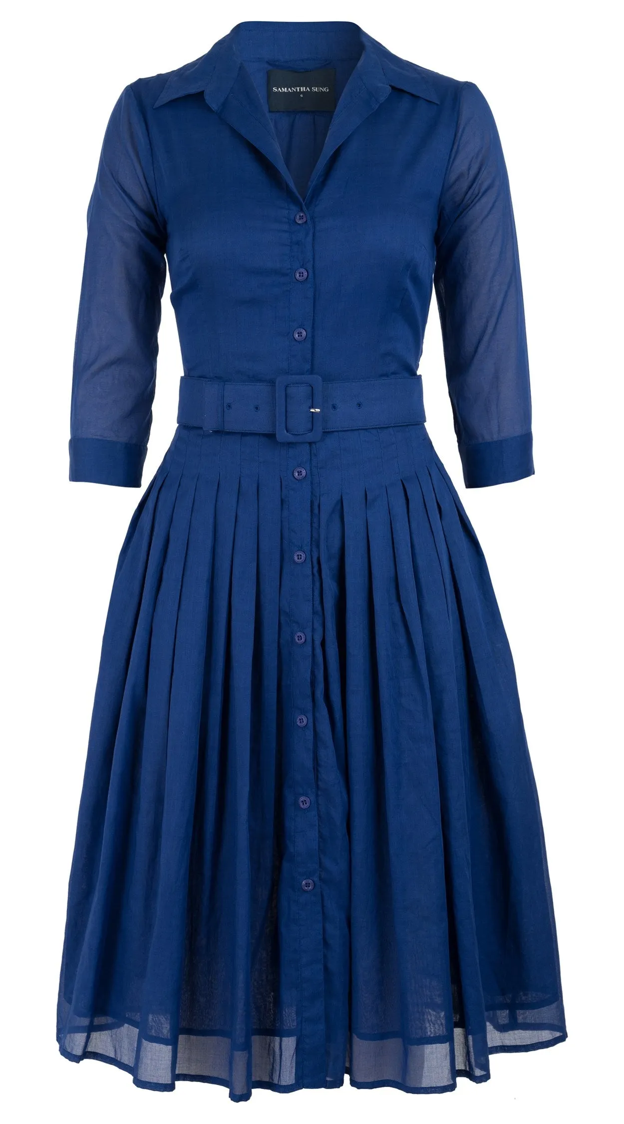 Audrey Dress #4 Shirt Collar 3/4 Sleeve Long Length Cotton Musola_Solid_Admiral Blue