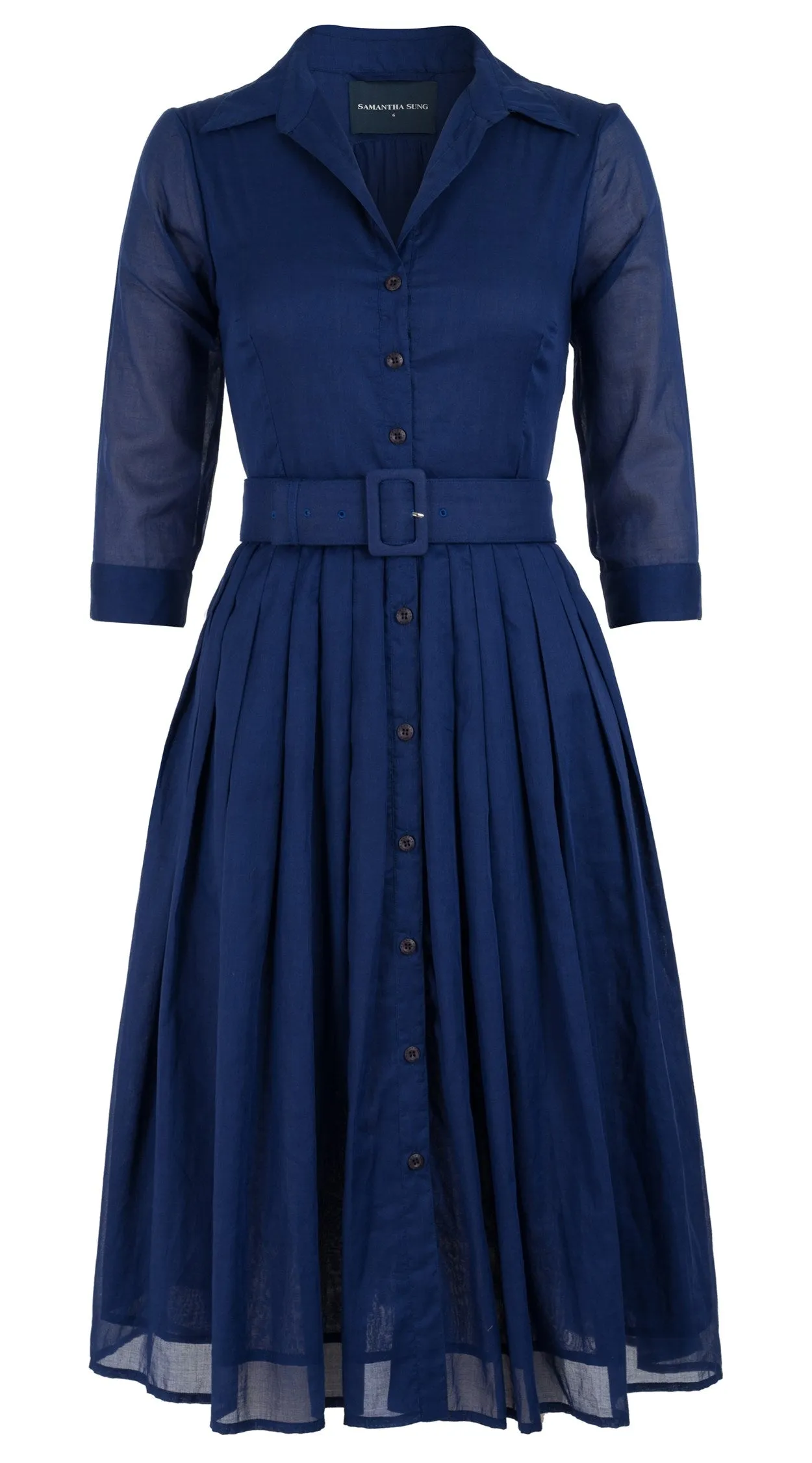 Audrey Dress #4 Shirt Collar 3/4 Sleeve Long Length Cotton Musola_Solid_Marine Blue